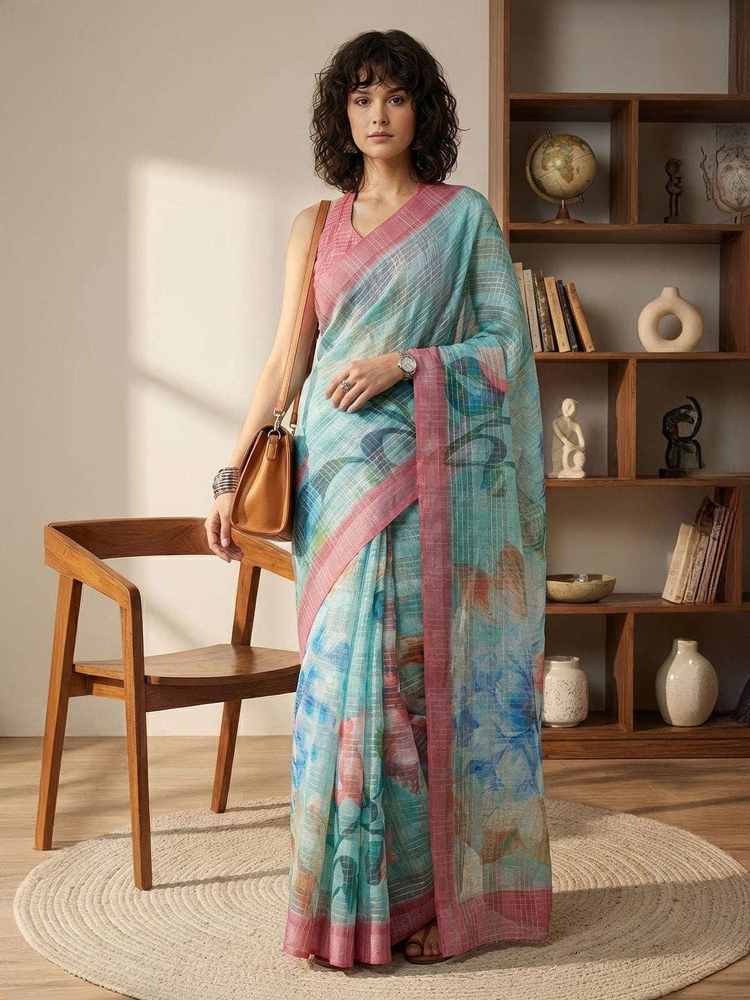Janasya Women's Turqouise Green Lurex Cotton Blend Ready To Wear Floral Printed Saree with Unstitched Blouse