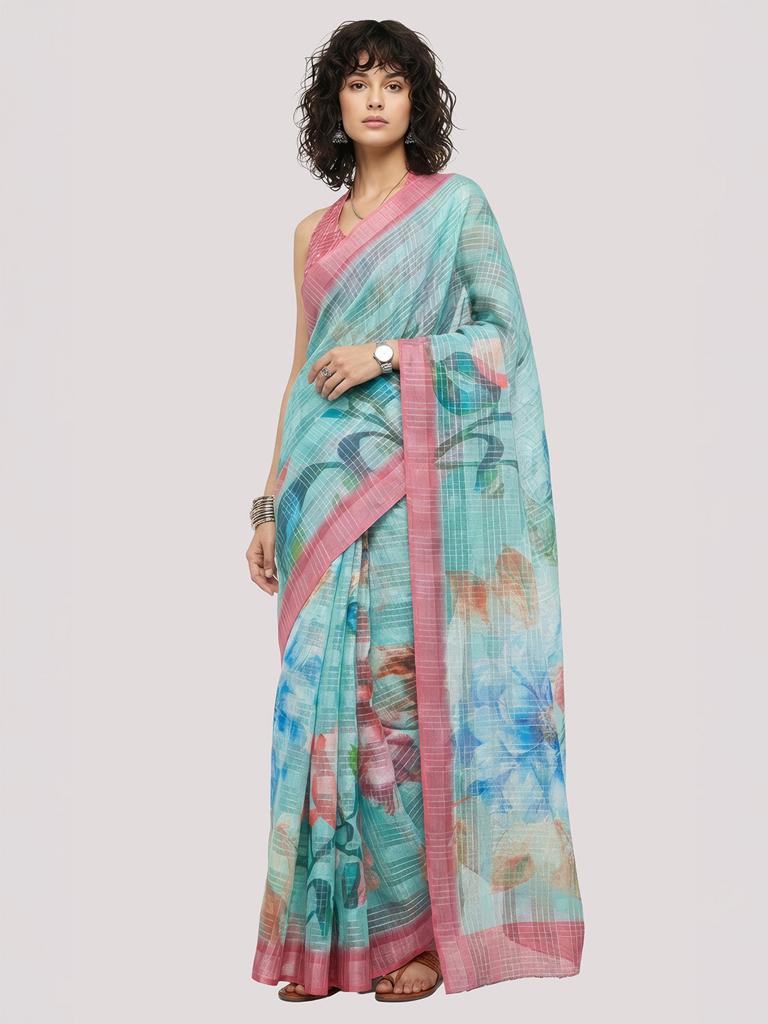 Janasya Women's Turqouise Green Lurex Cotton Blend Ready To Wear Floral Printed Saree with Unstitched Blouse