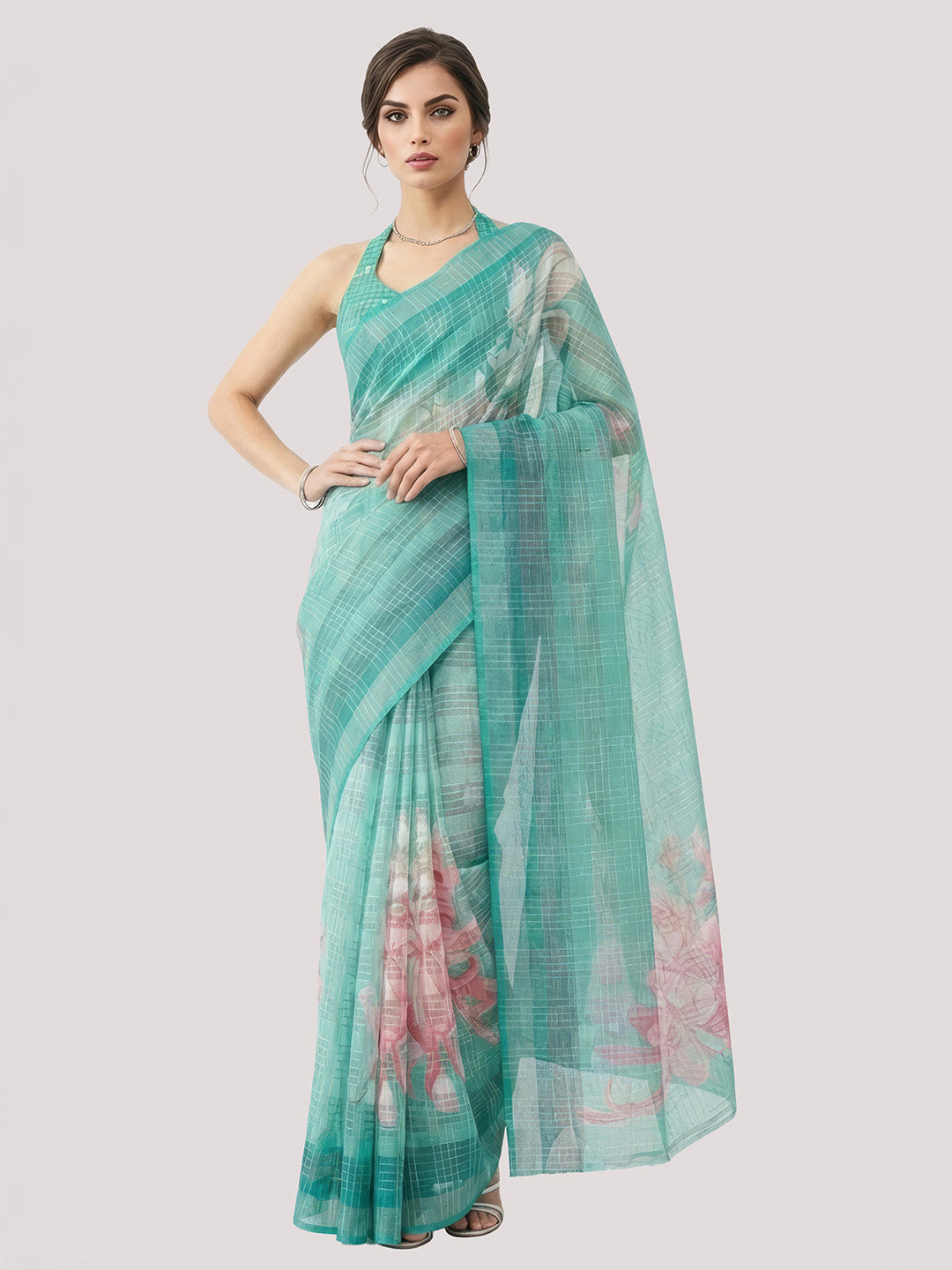 Janasya Women's Teal Green Lurex Cotton Blend Ready To Wear Floral Printed Saree with Unstitched Blouse