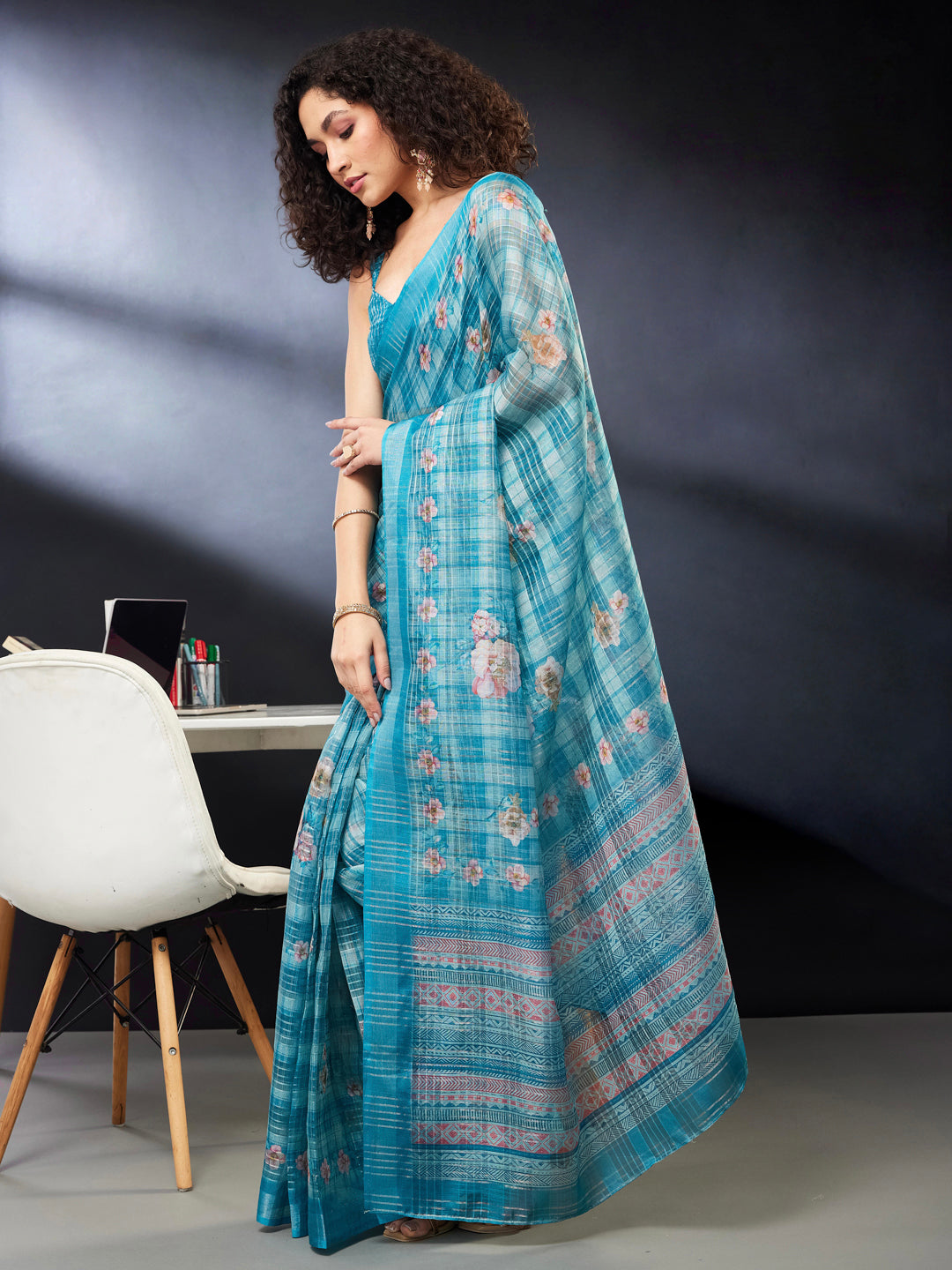 Janasya Women's Sky Blue Cotton Blend Ready To Wear Floral Printed Saree with Unstitched Blouse