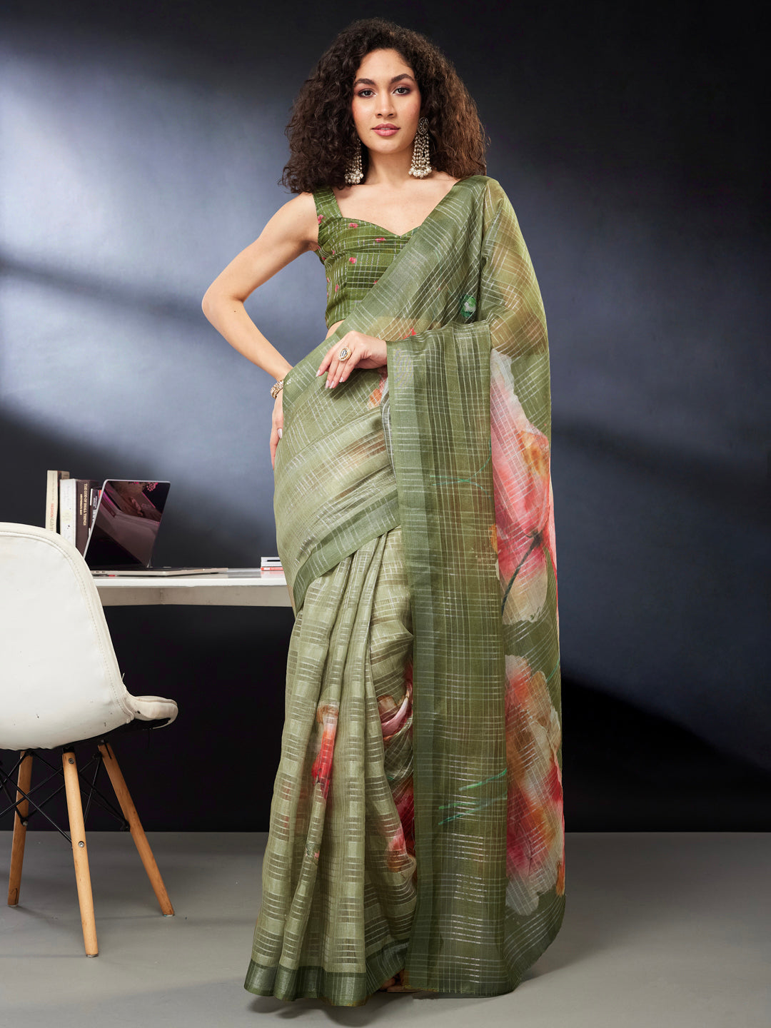 Janasya Women's Olive Green Lurex Cotton Blend Ready To Wear Floral Printed Saree with Unstitched Blouse