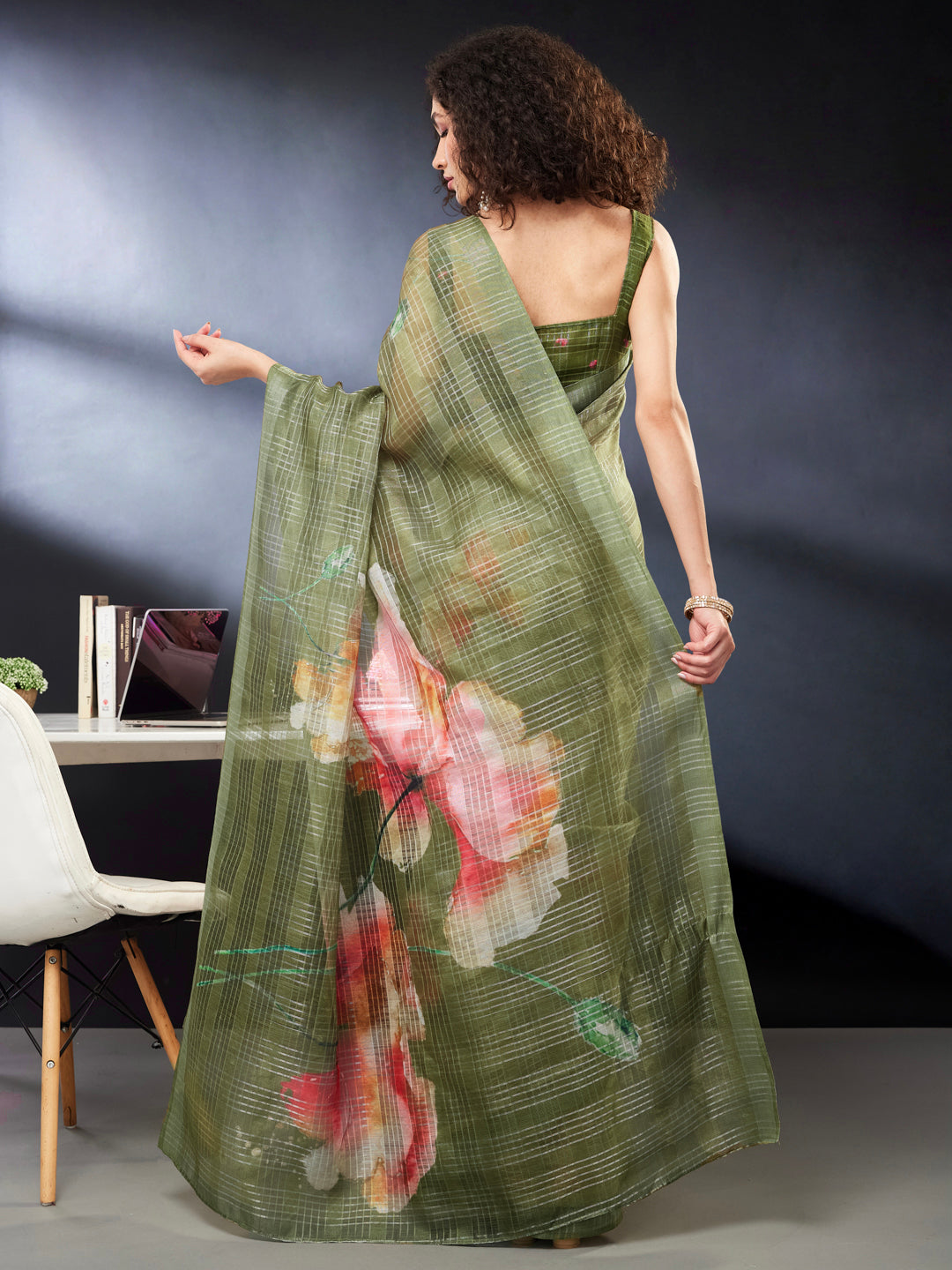 Janasya Women's Olive Green Lurex Cotton Blend Ready To Wear Floral Printed Saree with Unstitched Blouse