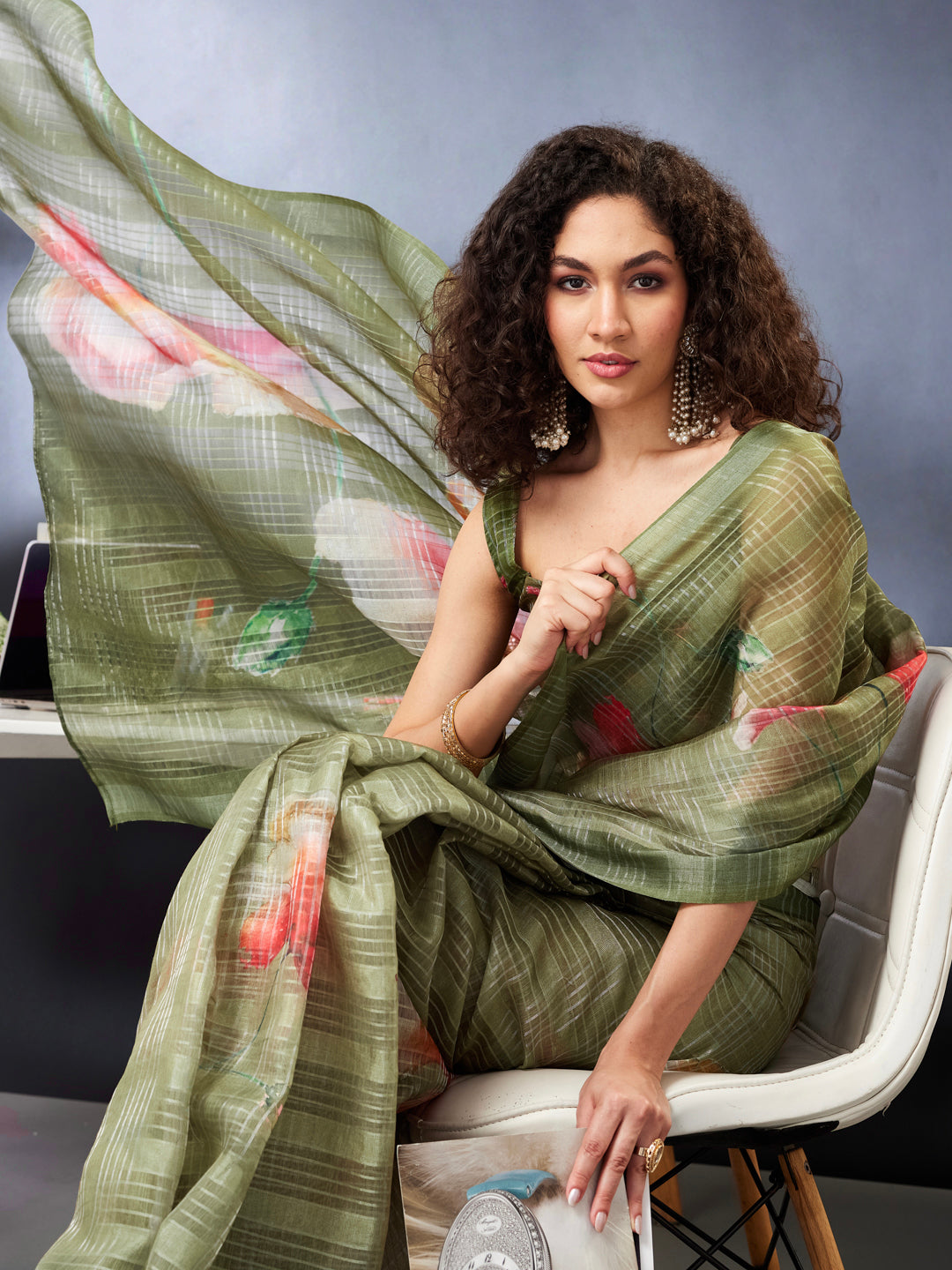 Janasya Women's Olive Green Lurex Cotton Blend Ready To Wear Floral Printed Saree with Unstitched Blouse