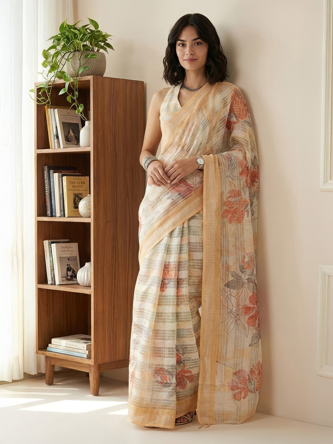 Janasya Women's Yellow Lurex Cotton Blend Ready To Wear Floral Printed Saree with Unstitched Blouse