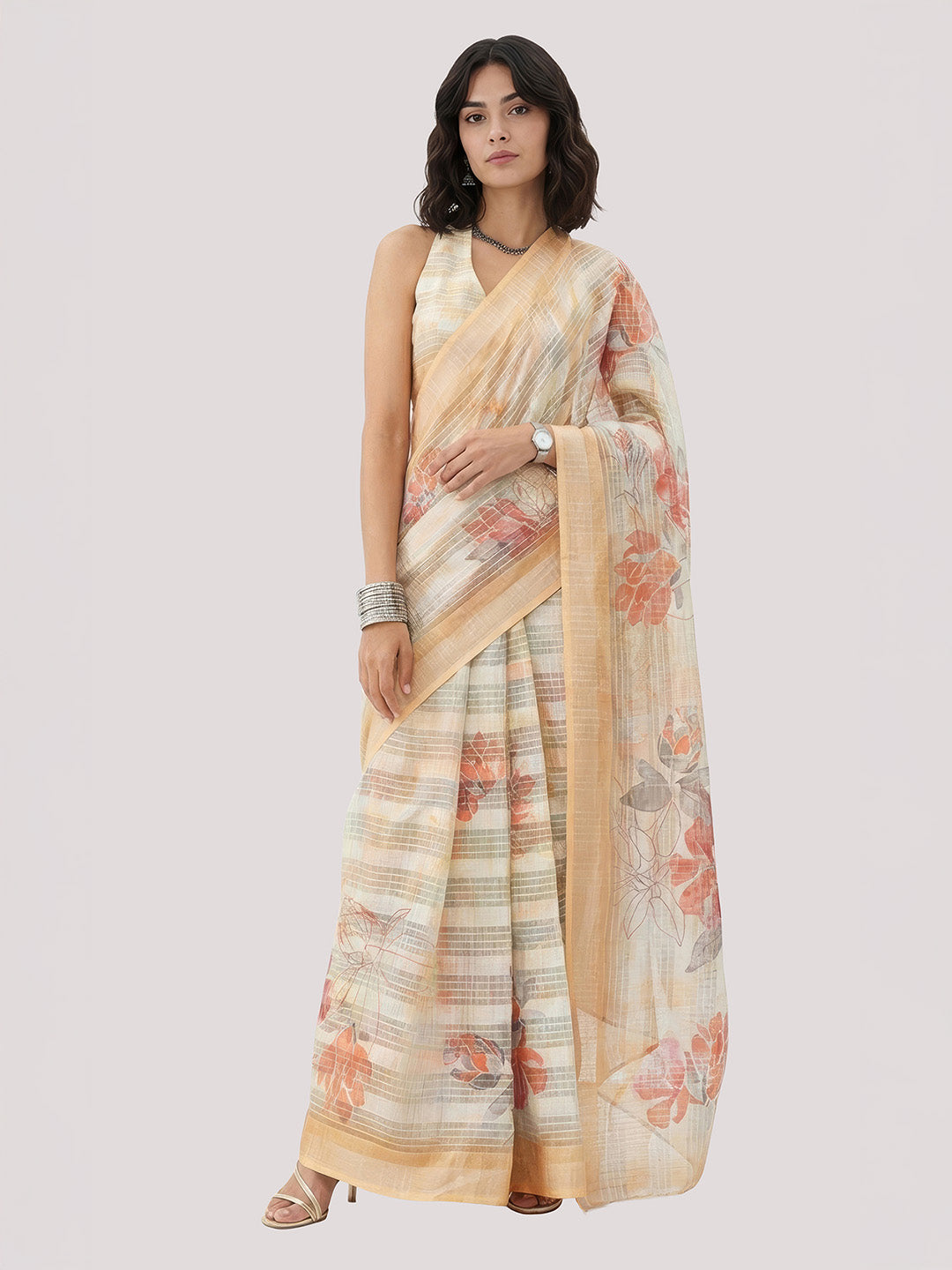 Janasya Women's Yellow Lurex Cotton Blend Ready To Wear Floral Printed Saree with Unstitched Blouse