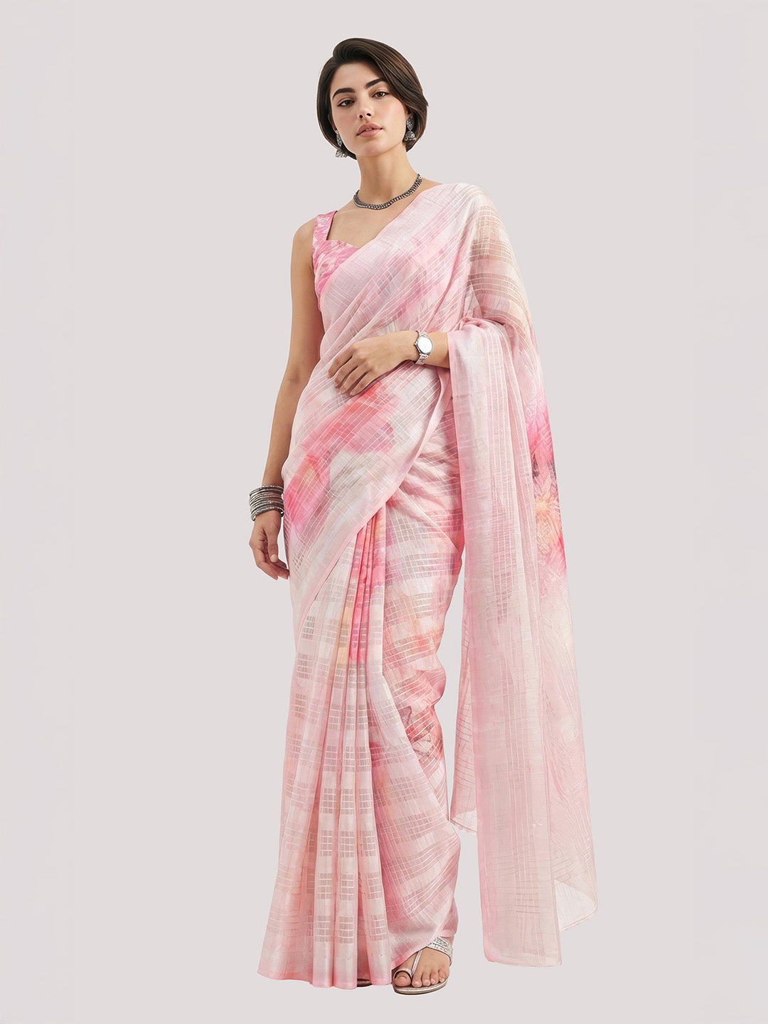 Janasya Women's Pink Lurex Cotton Blend Ready To Wear Floral Printed Saree with Unstitched Blouse