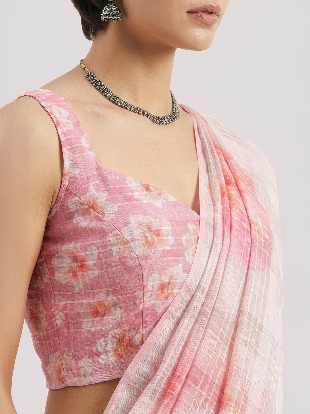 Janasya Women's Pink Lurex Cotton Blend Ready To Wear Floral Printed Saree with Unstitched Blouse