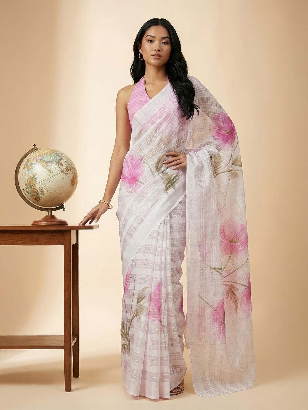 Janasya Women's Light Pink Lurex Cotton Blend Ready To Wear Floral Printed Saree with Unstitched Blouse