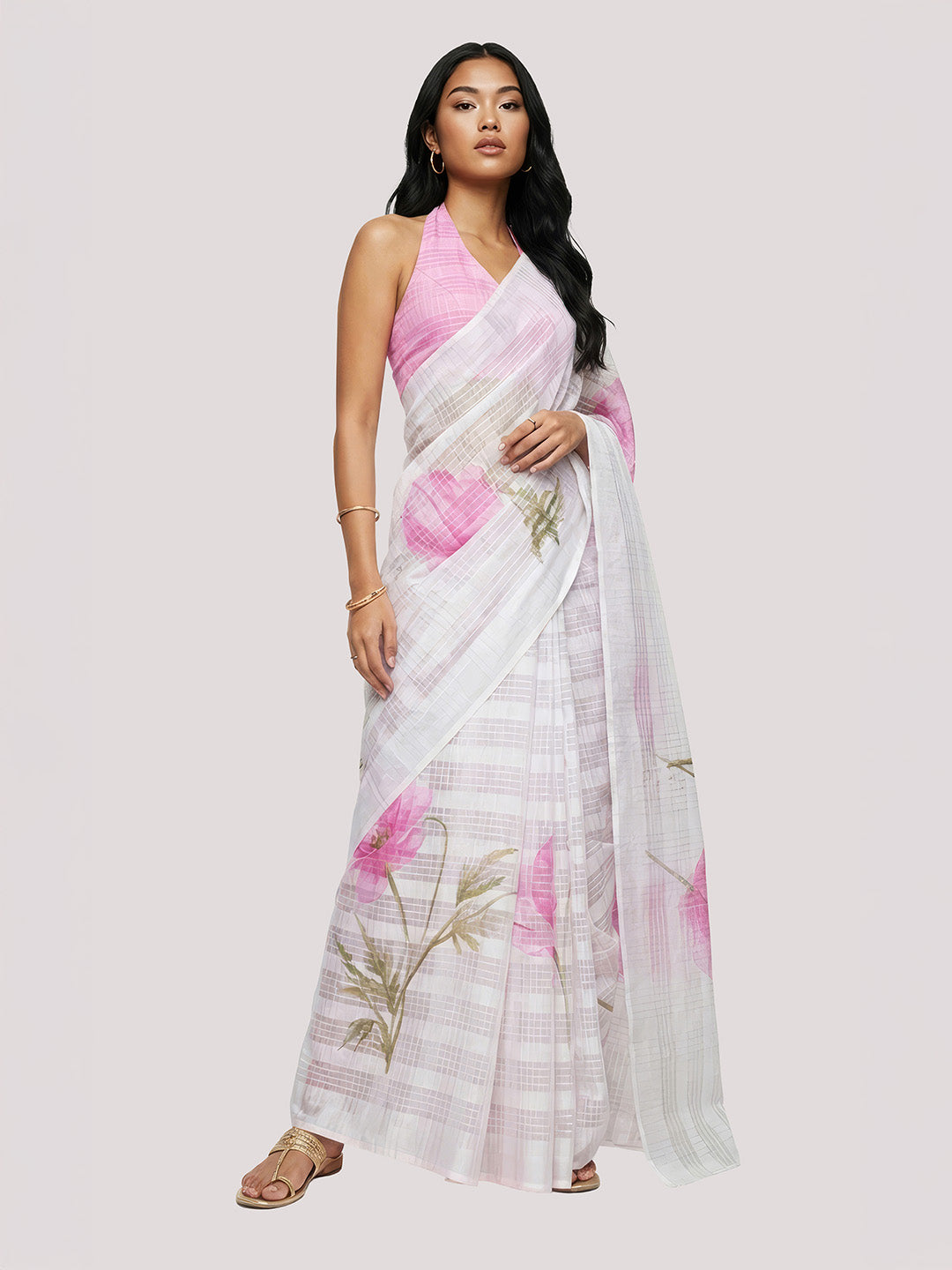 Janasya Women's Light Pink Lurex Cotton Blend Ready To Wear Floral Printed Saree with Unstitched Blouse
