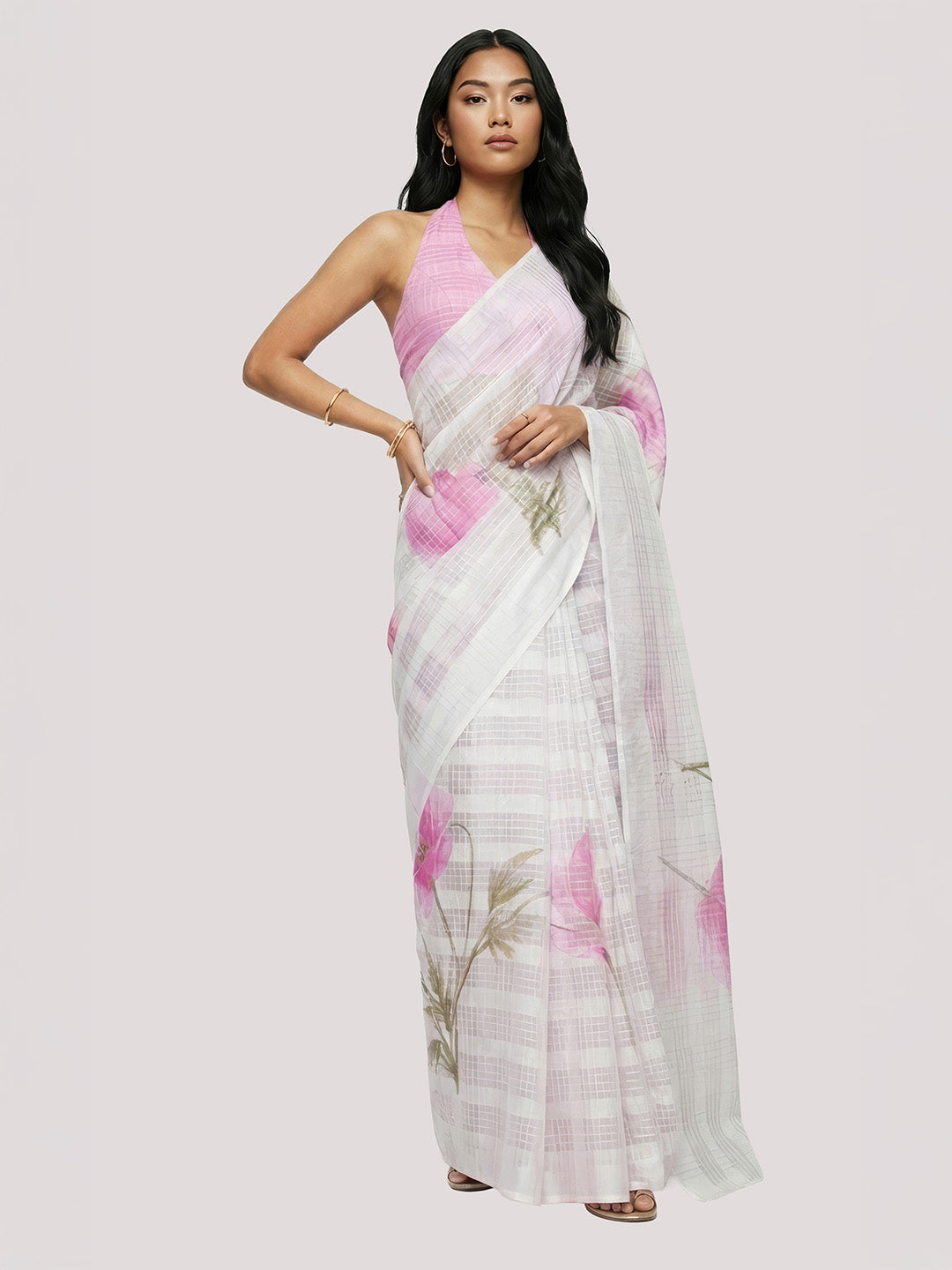Janasya Women's Light Pink Lurex Cotton Blend Ready To Wear Floral Printed Saree with Unstitched Blouse