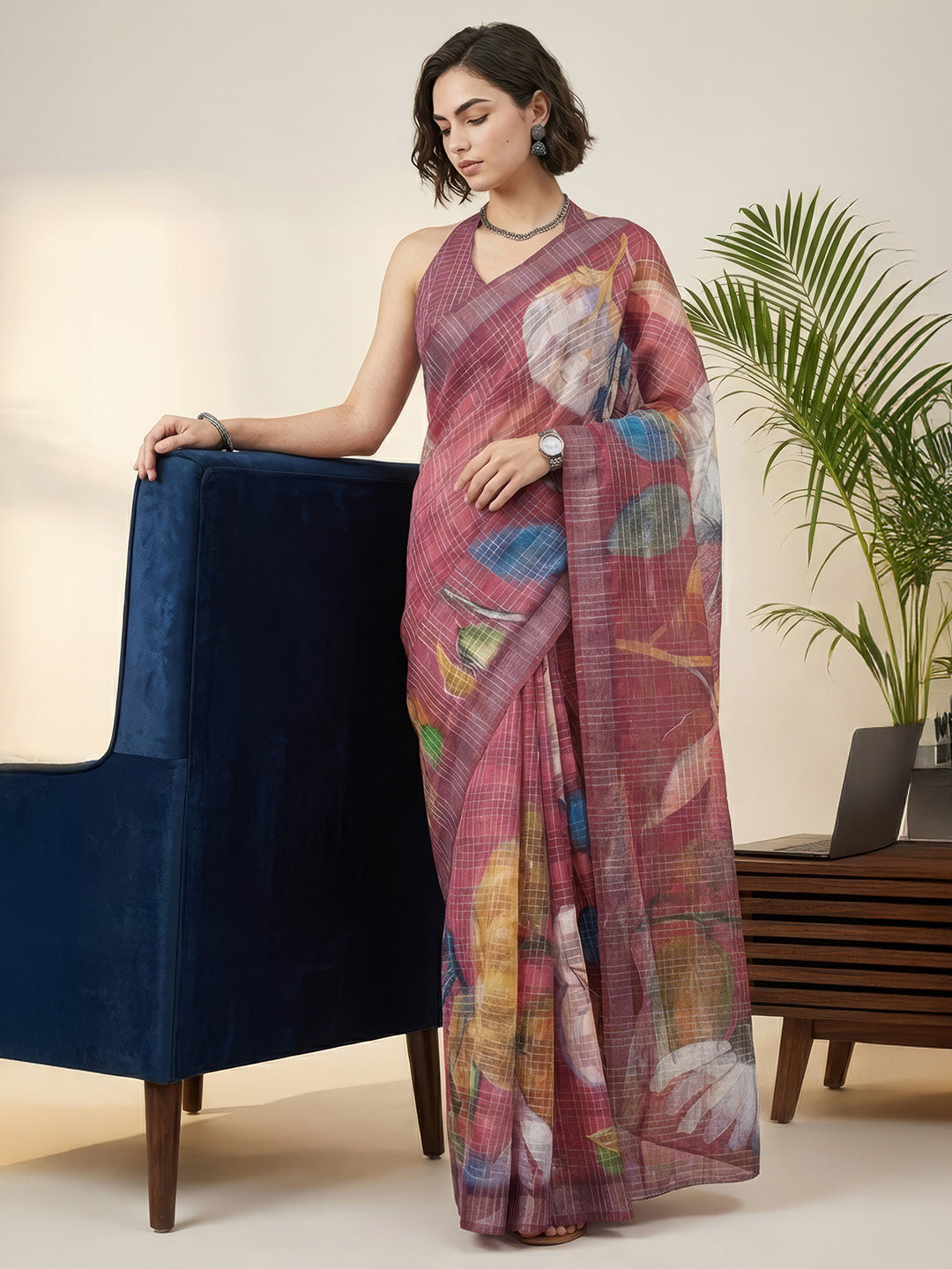 Janasya Women's Magenta Lurex Cotton Blend Ready To Wear Floral Printed Saree with Unstitched Blouse
