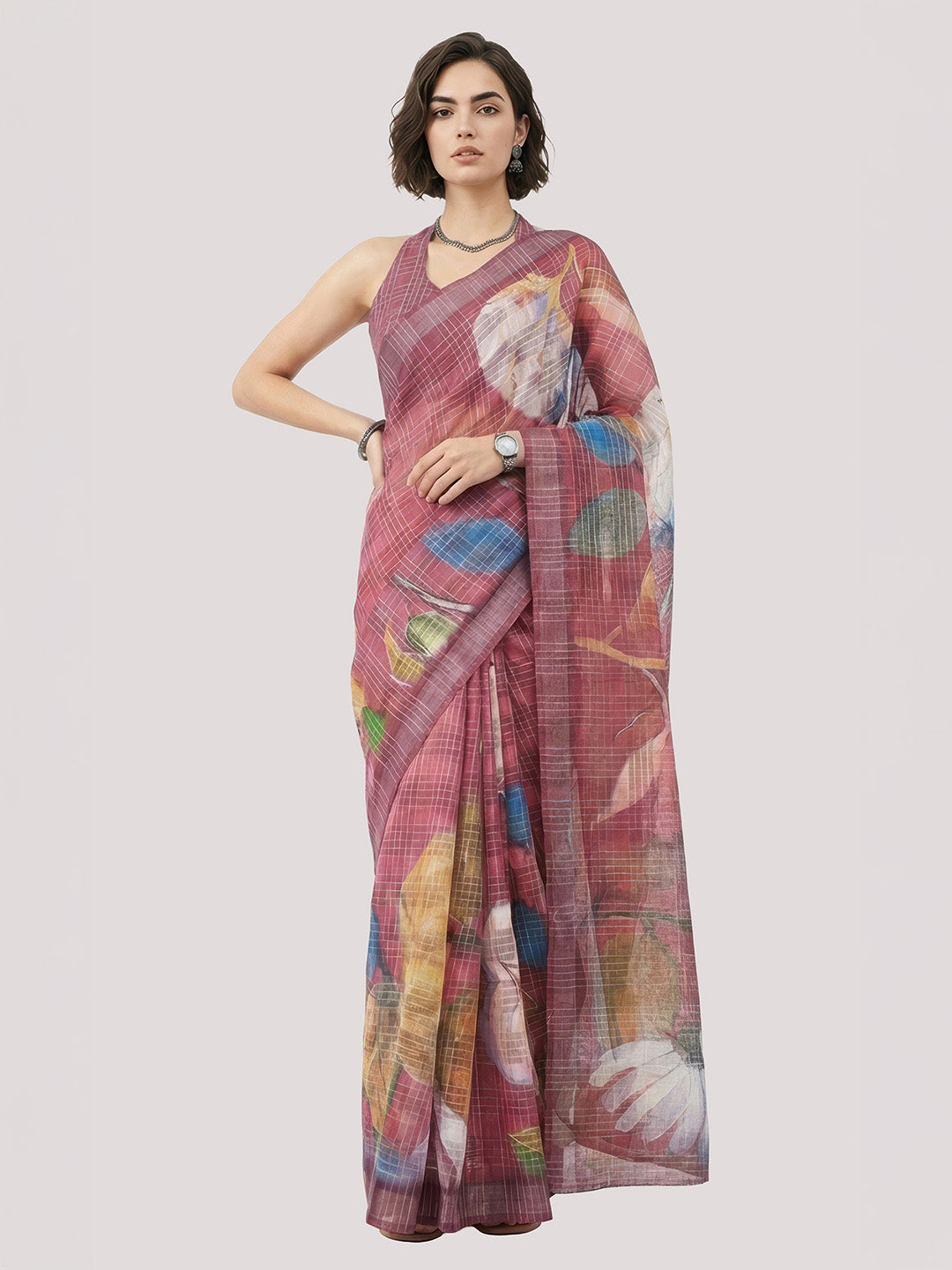 Janasya Women's Magenta Lurex Cotton Blend Ready To Wear Floral Printed Saree with Unstitched Blouse