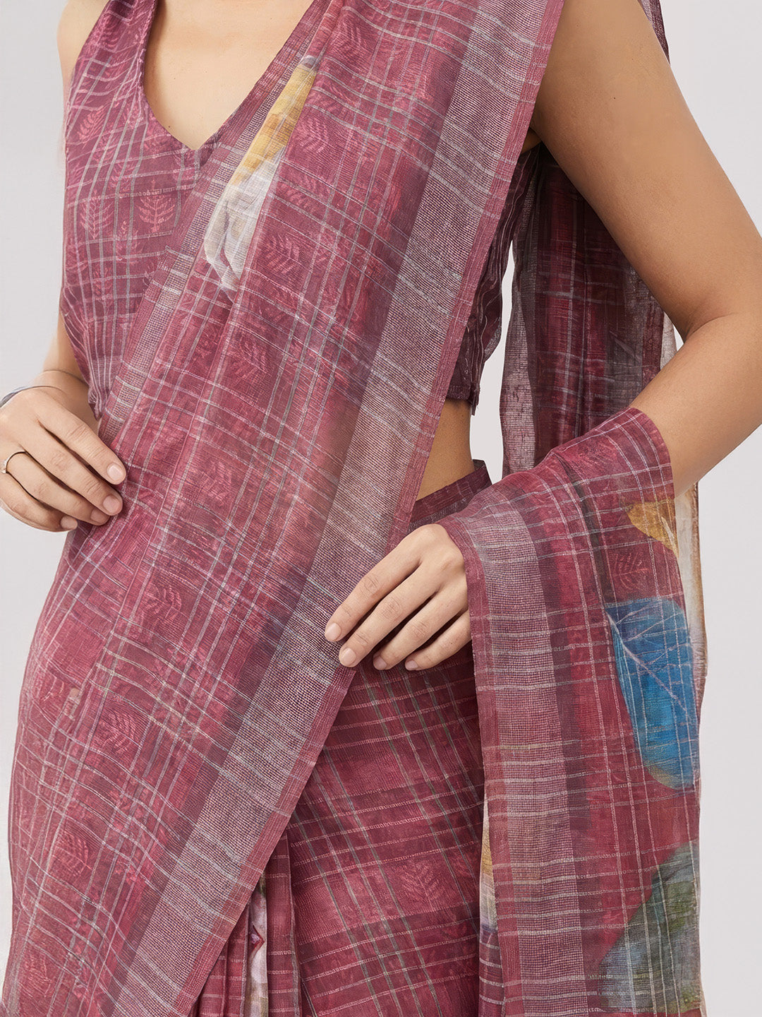 Janasya Women's Magenta Lurex Cotton Blend Ready To Wear Floral Printed Saree with Unstitched Blouse