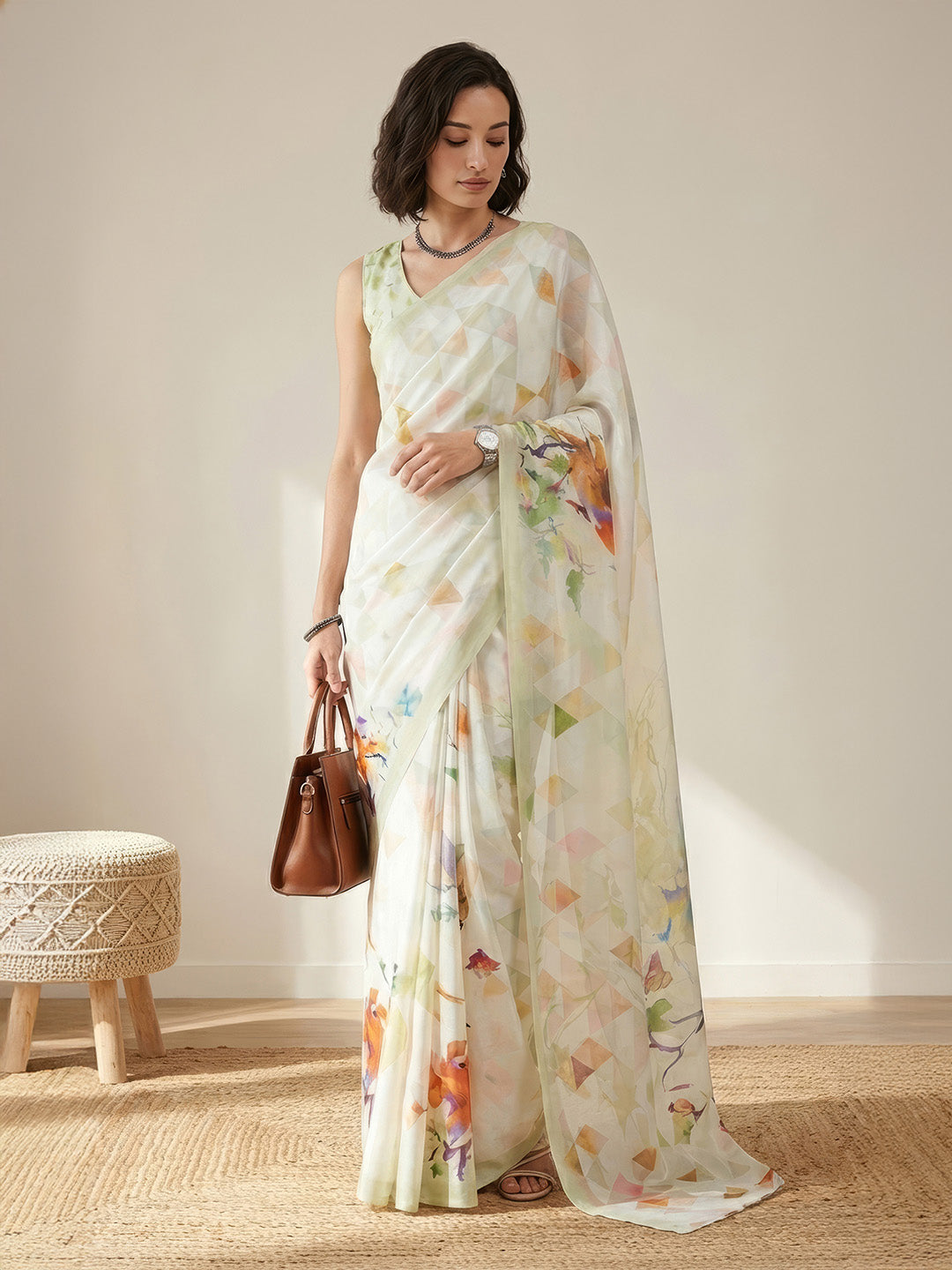 Janasya Women's Cream Satin Ready To Wear Geometric Printed Saree with Unstitched Blouse