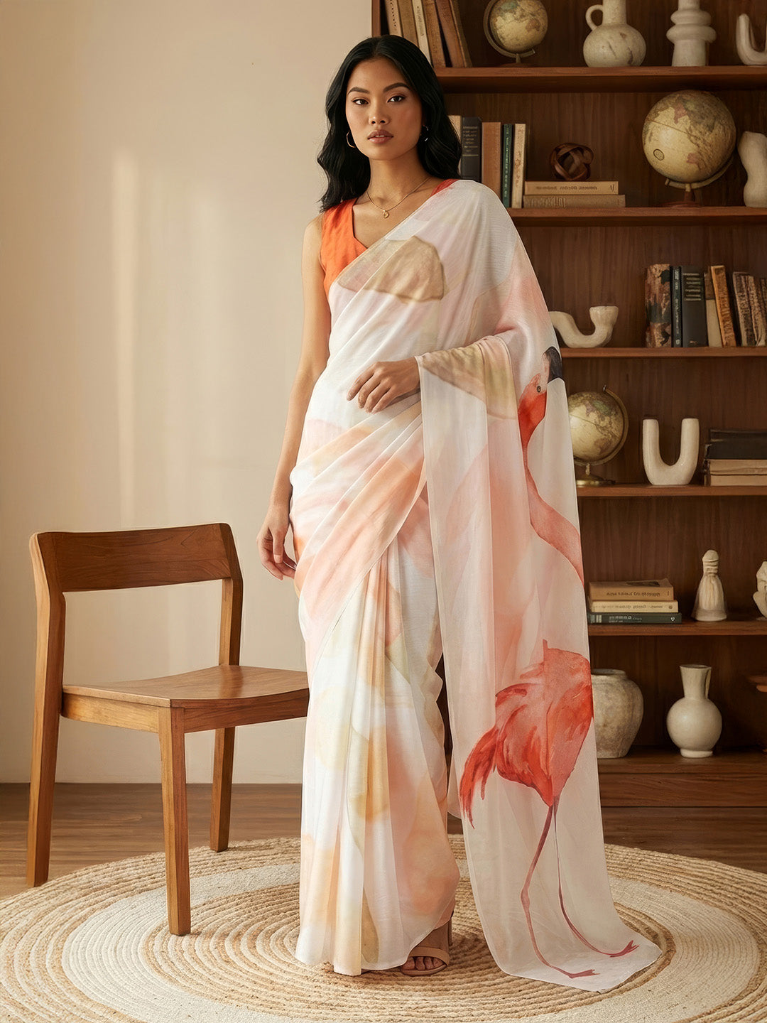 Janasya Women's White Satin Ready To Wear Abstract Printed Saree with Unstitched Blouse