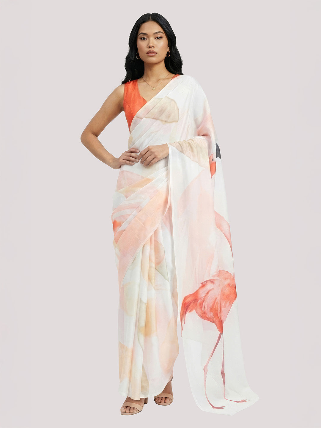 Janasya Women's White Satin Ready To Wear Abstract Printed Saree with Unstitched Blouse