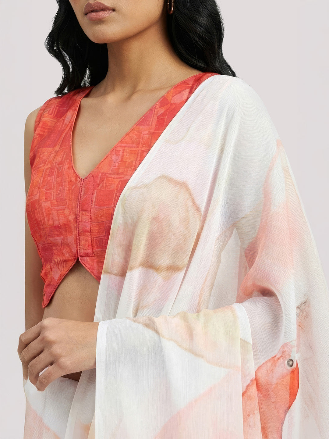 Janasya Women's White Satin Ready To Wear Abstract Printed Saree with Unstitched Blouse