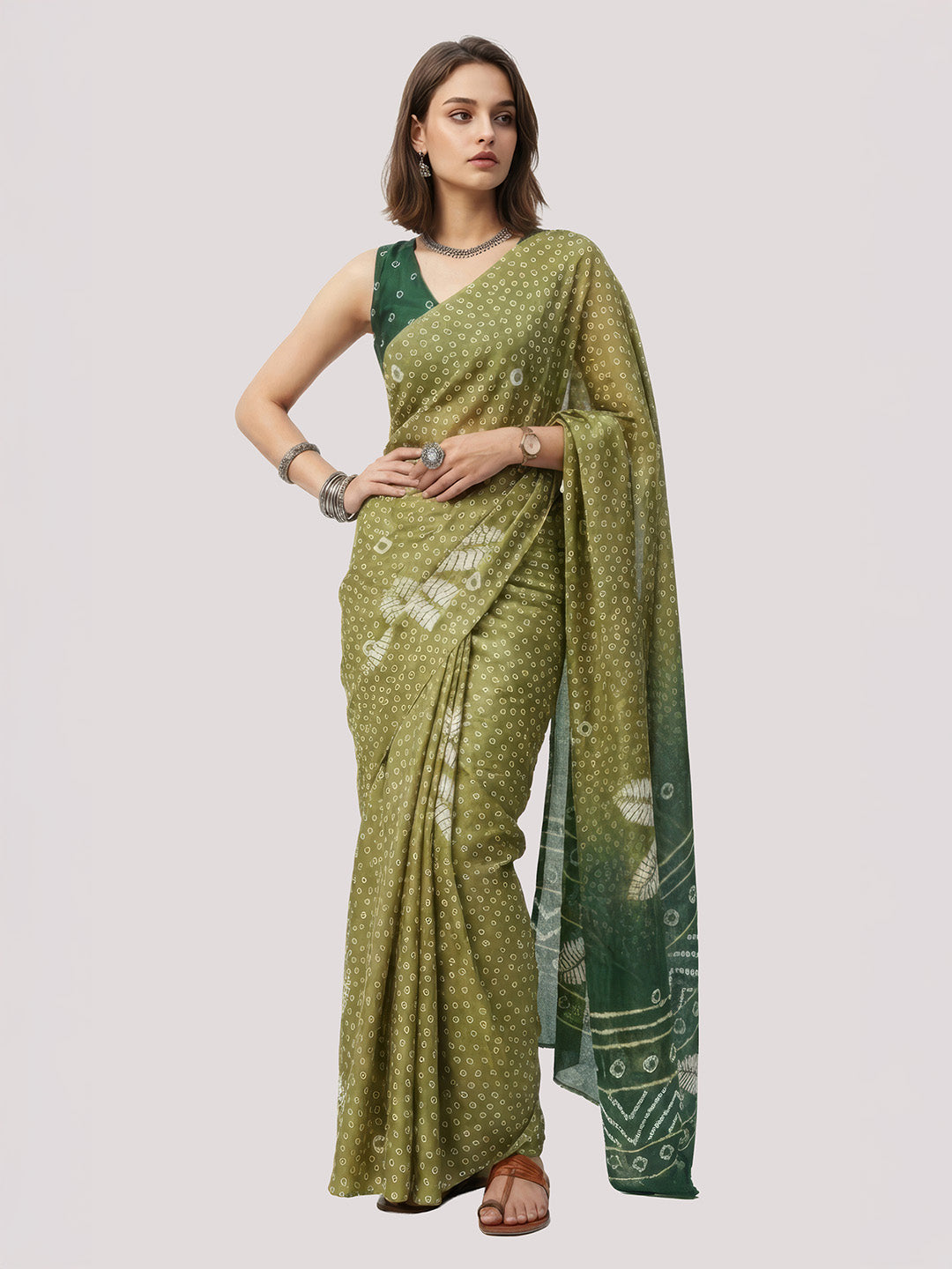 Janasya Women's Olive Green Satin Ready To Wear Bandhani Printed Saree with Unstitched Blouse