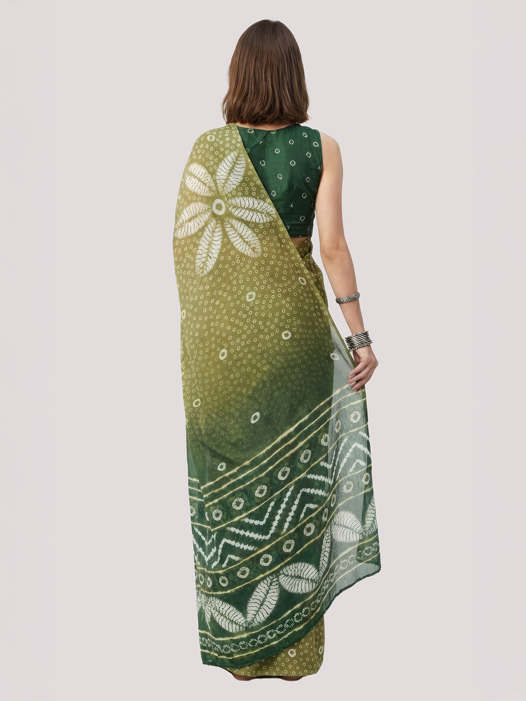 Janasya Women's Olive Green Satin Ready To Wear Bandhani Printed Saree with Unstitched Blouse