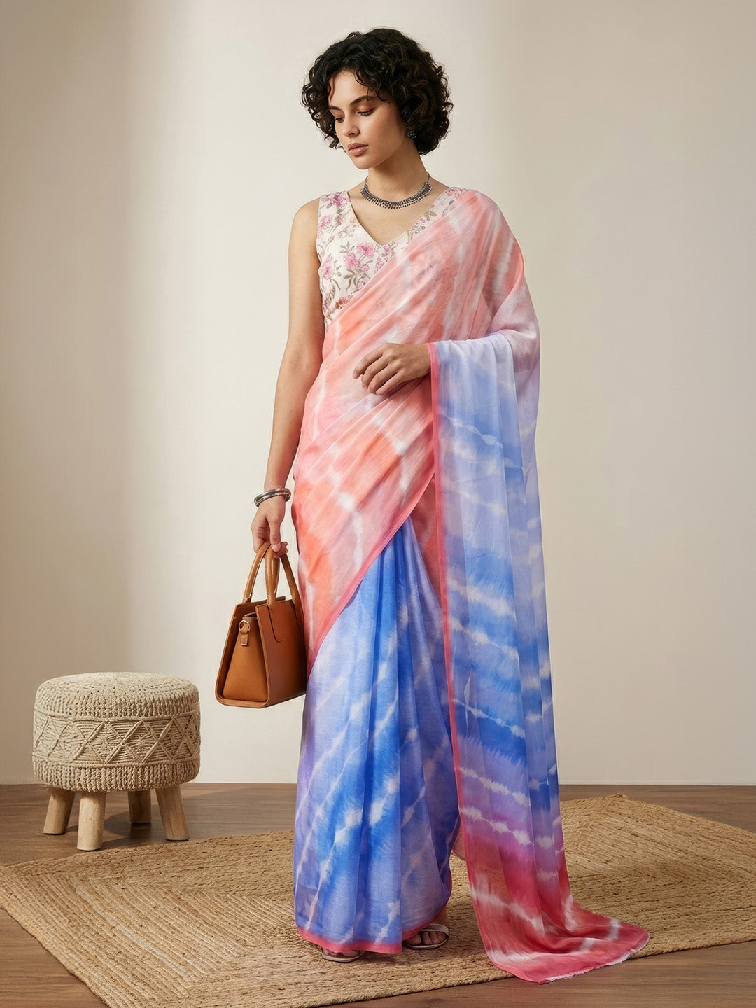 Janasya Women's Multicolor Satin Ready To Wear Tie & Dye Printed Saree with Unstitched Blouse