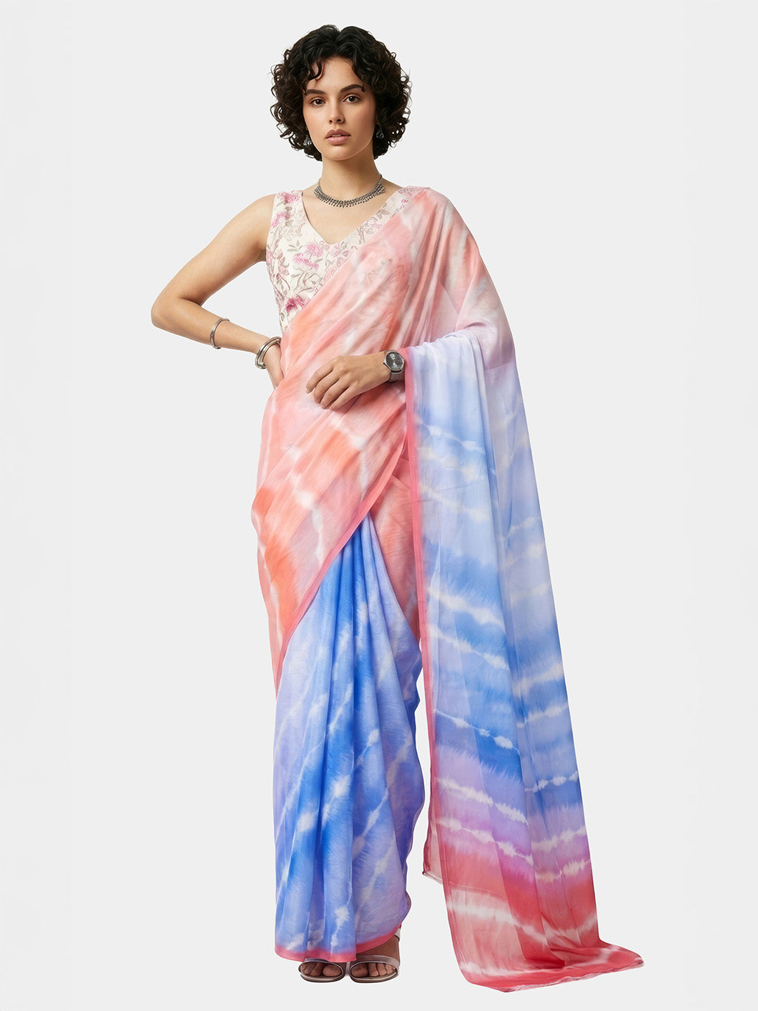 Janasya Women's Multicolor Satin Ready To Wear Tie & Dye Printed Saree with Unstitched Blouse