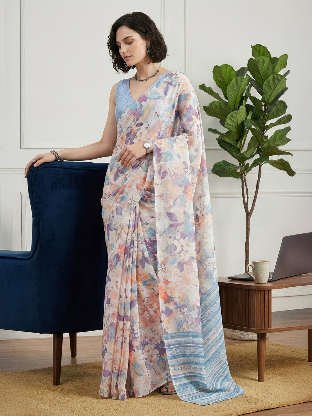 Janasya Women's Beige Satin Ready To Wear Floral Printed Saree with Unstitched Blouse