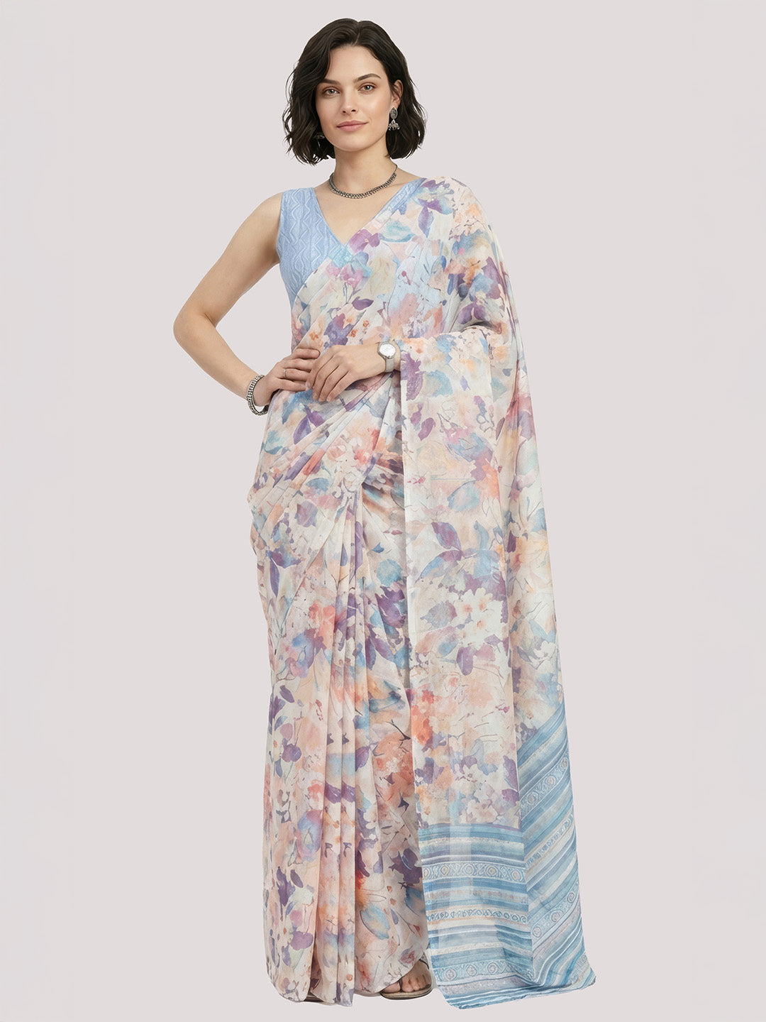 Janasya Women's Beige Satin Ready To Wear Floral Printed Saree with Unstitched Blouse