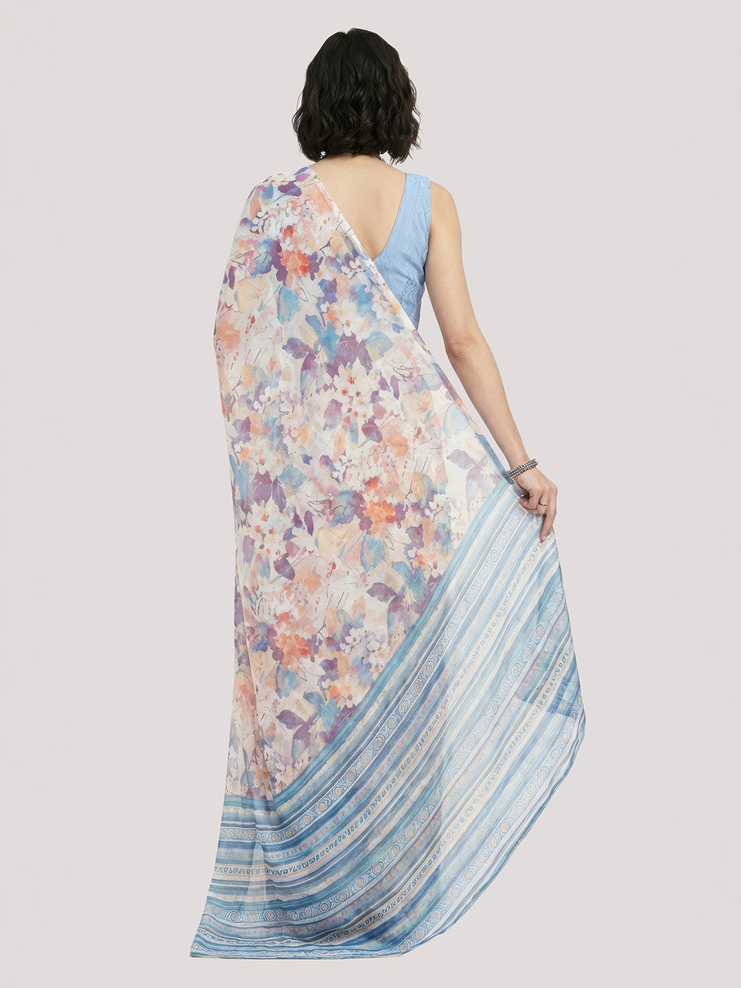 Janasya Women's Beige Satin Ready To Wear Floral Printed Saree with Unstitched Blouse