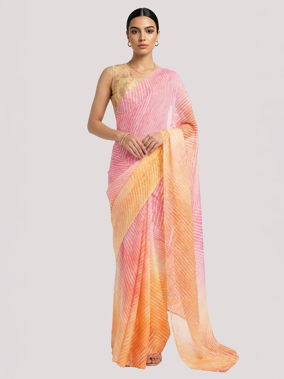 Janasya Women's Multicolor Satin Ready To Wear Leheriya Printed Saree with Unstitched Blouse