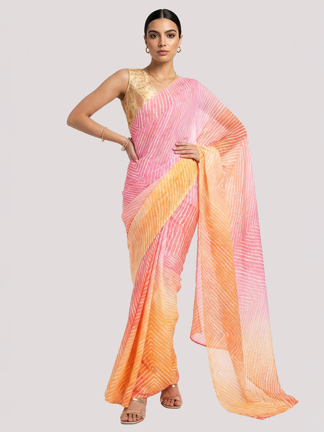 Janasya Women's Multicolor Satin Ready To Wear Leheriya Printed Saree with Unstitched Blouse