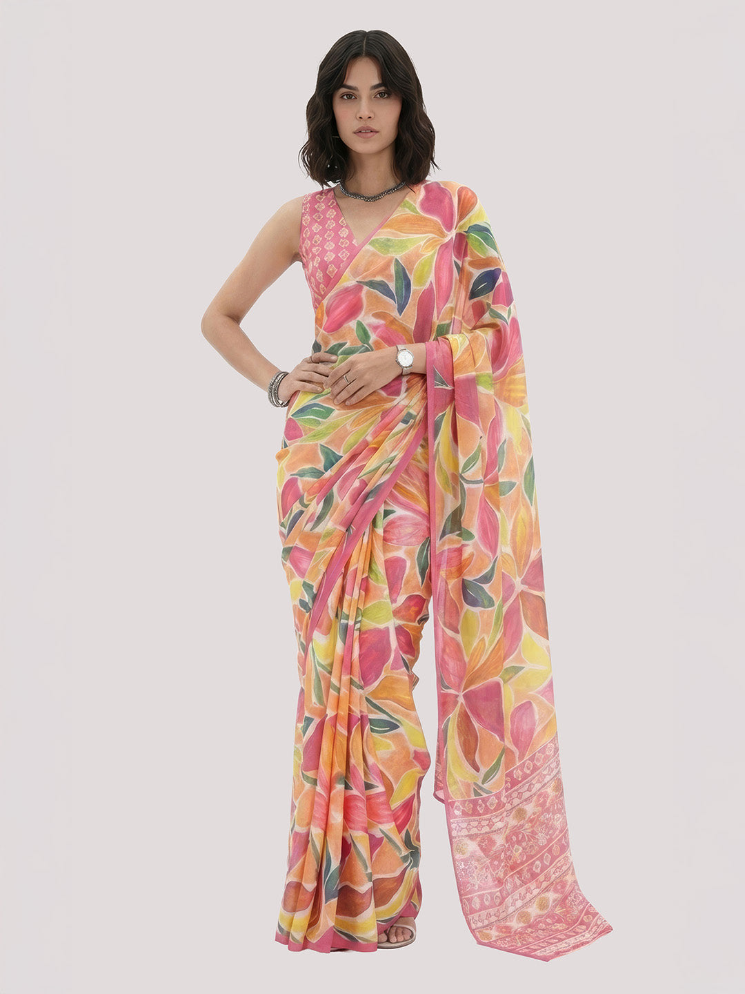 Janasya Women's Multicolor Satin Ready To Wear Floral Printed Saree with Unstitched Blouse