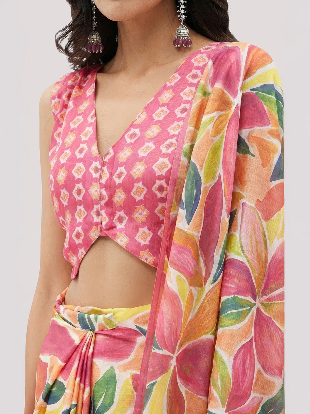 Janasya Women's Multicolor Satin Ready To Wear Floral Printed Saree with Unstitched Blouse