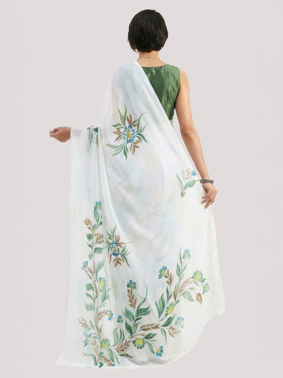 Janasya Women's White Satin Ready To Wear Floral Printed Saree with Unstitched Blouse