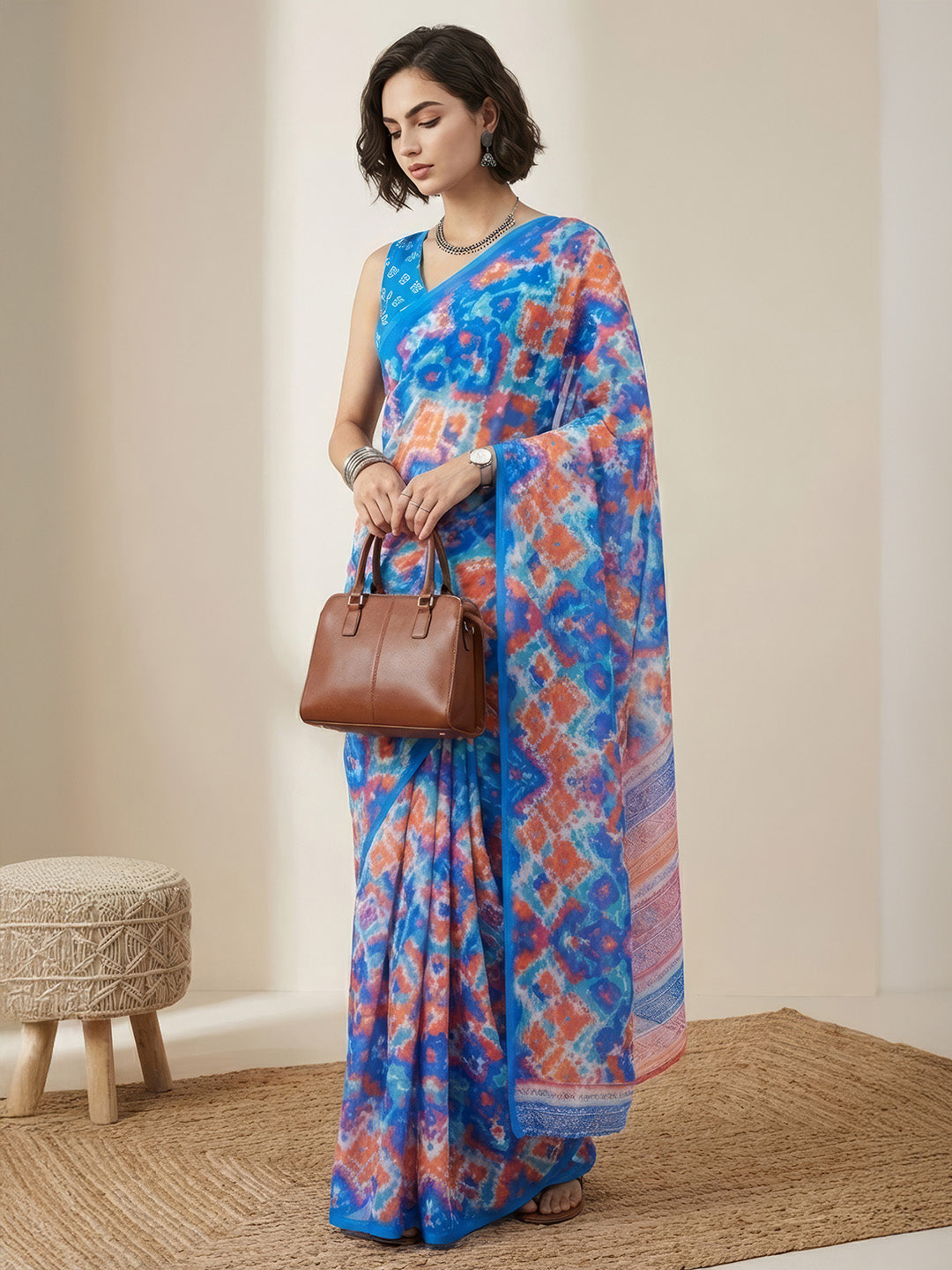 Janasya Women's Blue Satin Ready To Wear Geometric Printed Saree with Unstitched Blouse