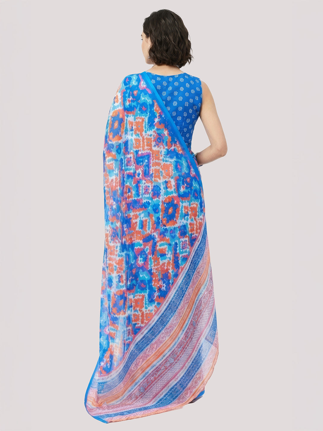 Janasya Women's Blue Satin Ready To Wear Geometric Printed Saree with Unstitched Blouse