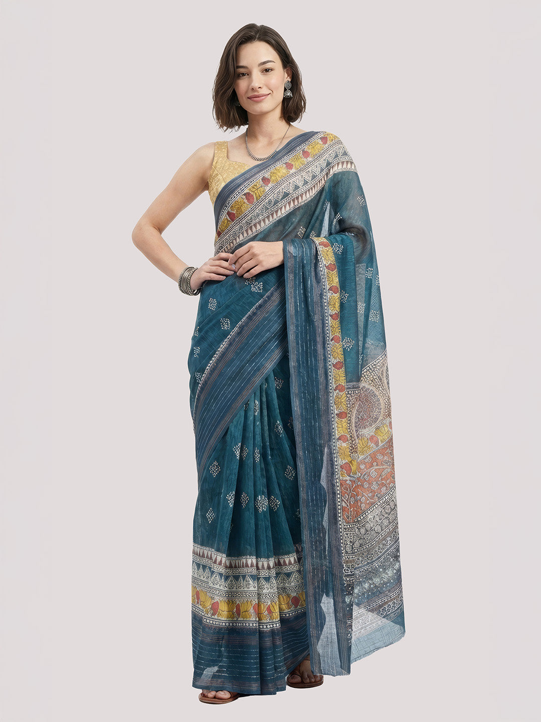 Janasya Women's Teal Blue Silk Blend Ready To Wear Floral Geometric Printed Saree with Unstitched Blouse
