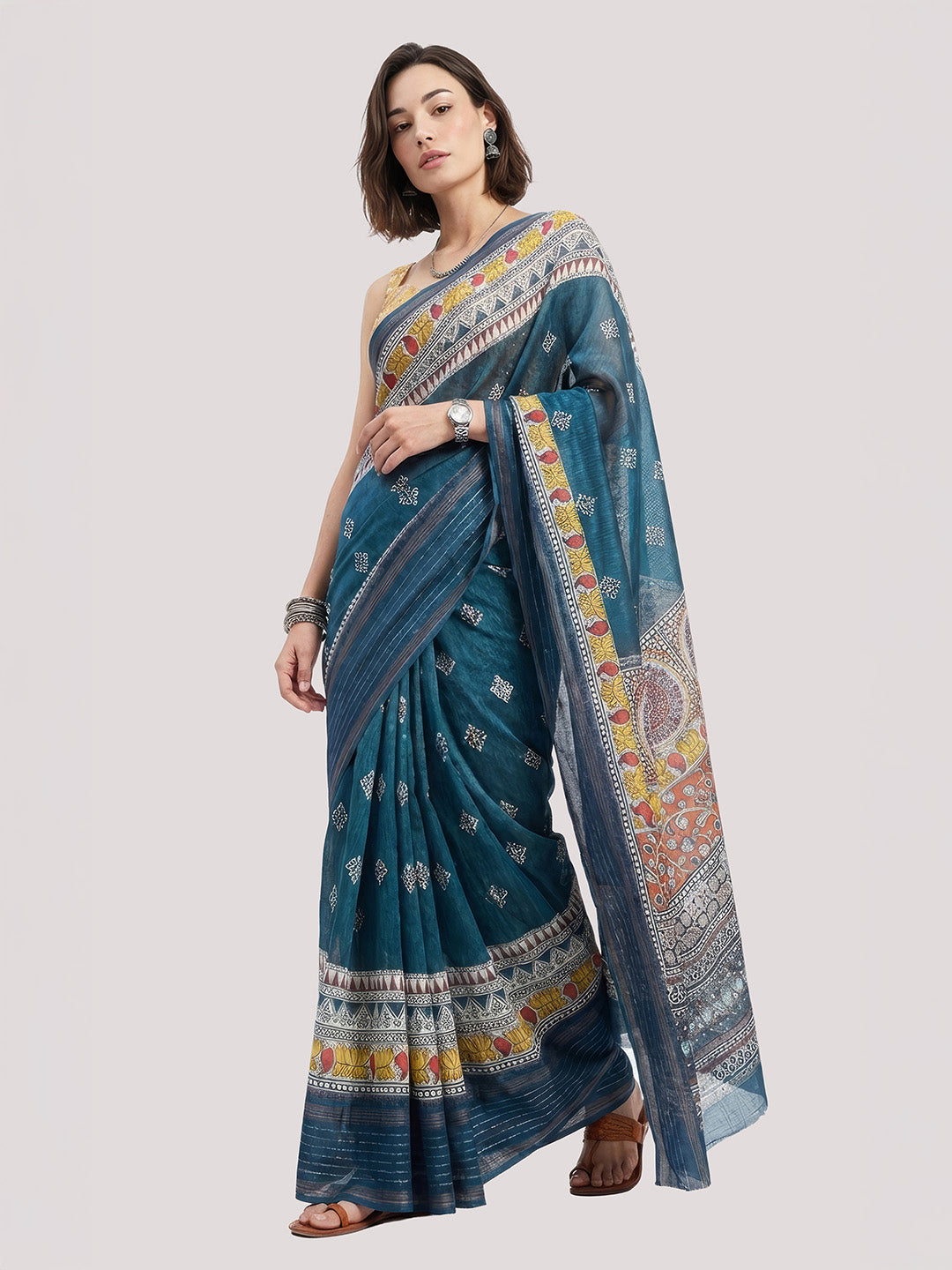 Janasya Women's Teal Blue Silk Blend Ready To Wear Floral Geometric Printed Saree with Unstitched Blouse