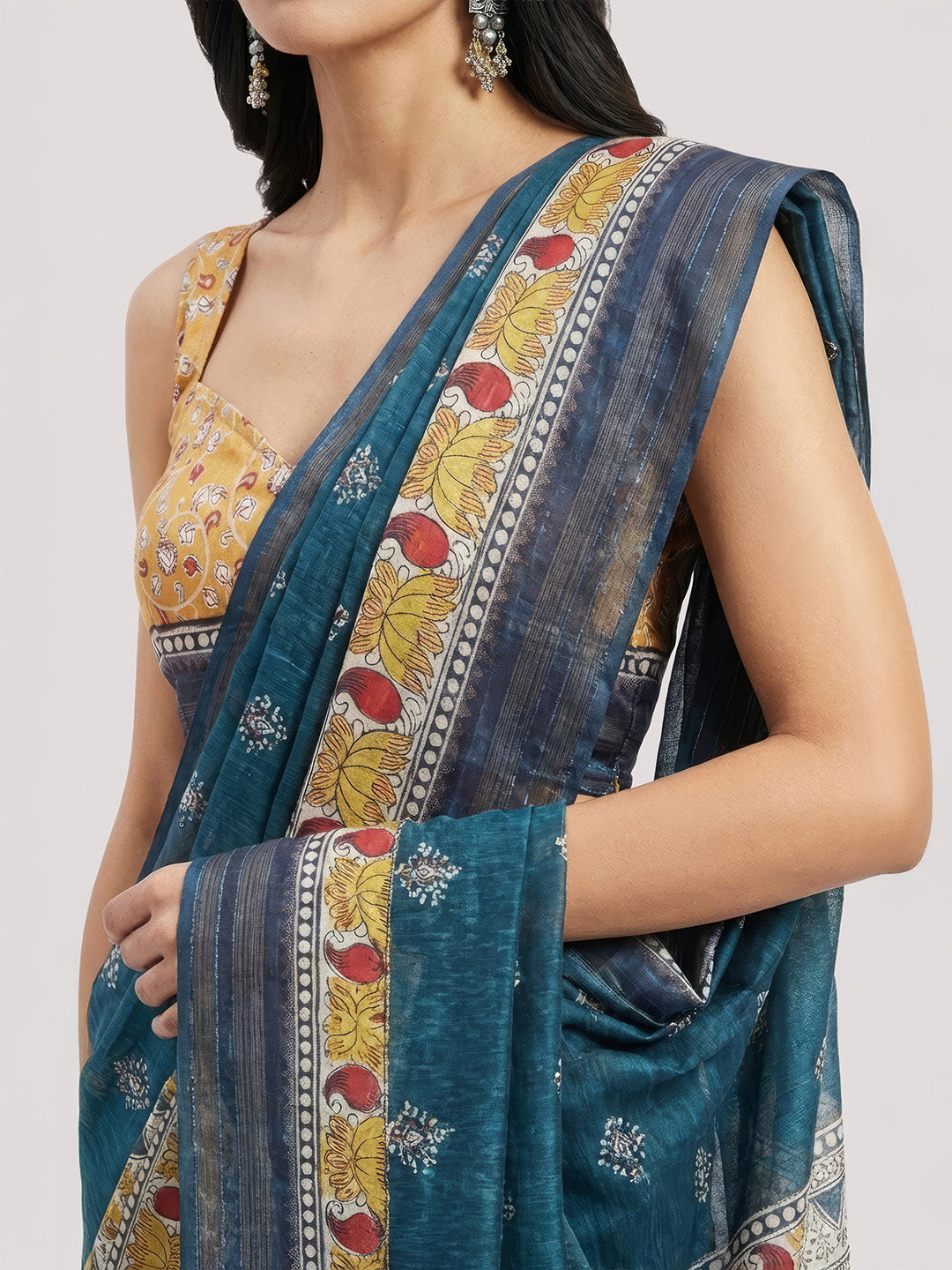 Janasya Women's Teal Blue Silk Blend Ready To Wear Floral Geometric Printed Saree with Unstitched Blouse