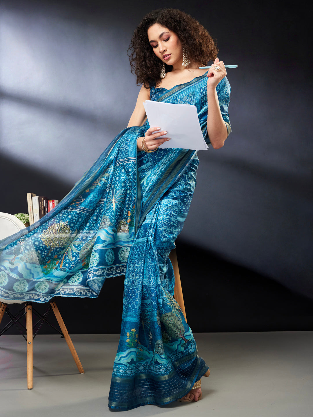 Janasya Women's Teal Blue Silk Blend Ready To Wear Floral Printed Saree with Unstitched Blouse