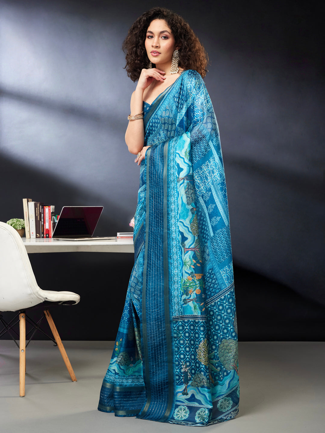 Janasya Women's Teal Blue Silk Blend Ready To Wear Floral Printed Saree with Unstitched Blouse