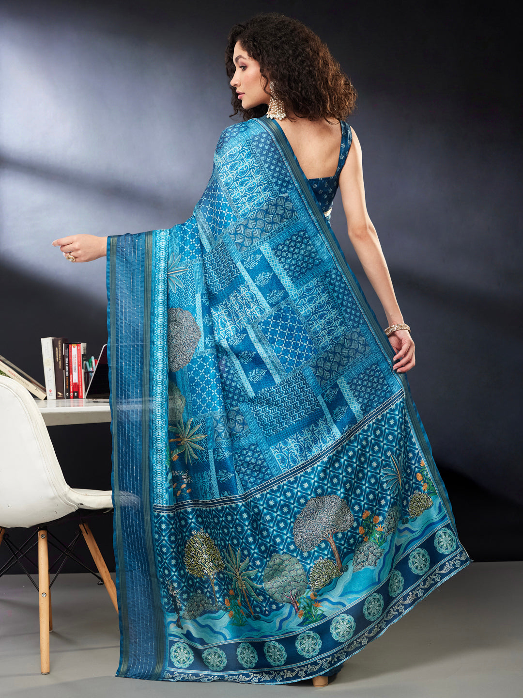 Janasya Women's Teal Blue Silk Blend Ready To Wear Floral Printed Saree with Unstitched Blouse