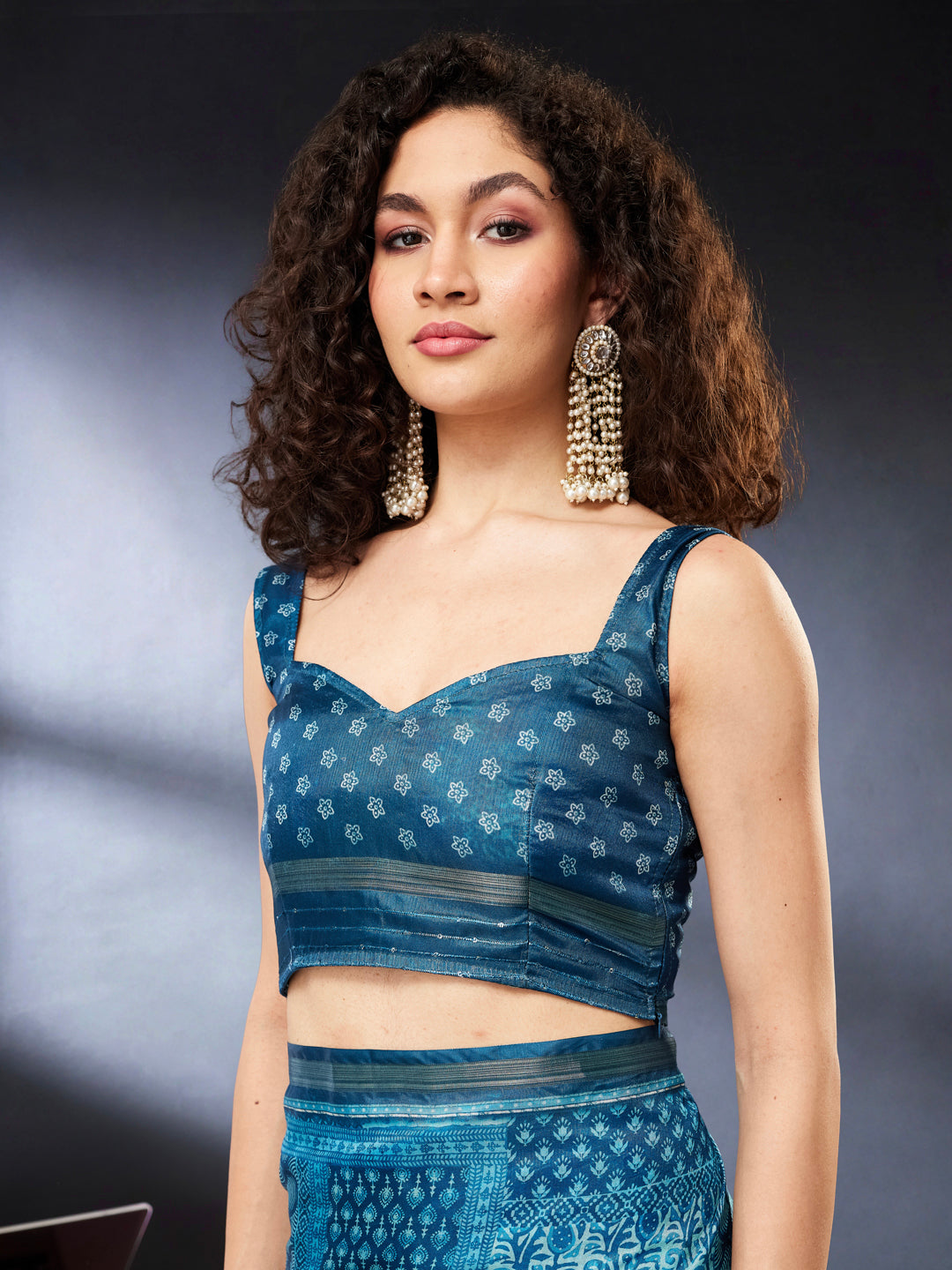 Janasya Women's Teal Blue Silk Blend Ready To Wear Floral Printed Saree with Unstitched Blouse