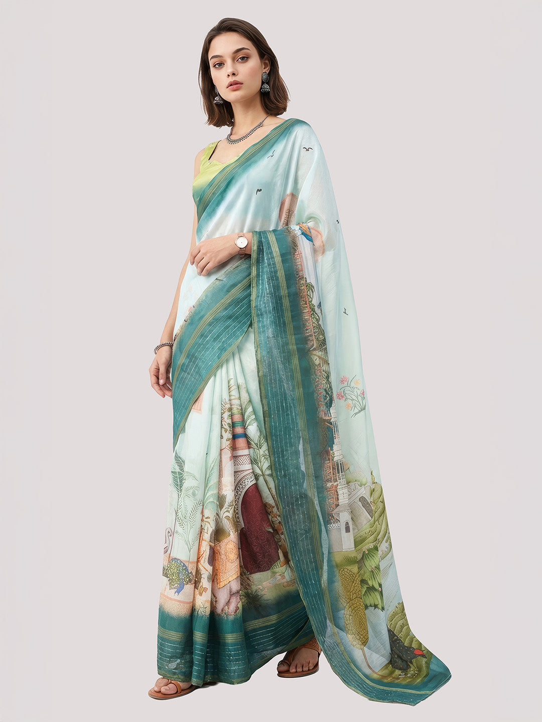 Janasya Women's Mint Green Silk Blend Ready To Wear Ethnic Printed Saree with Unstitched Blouse