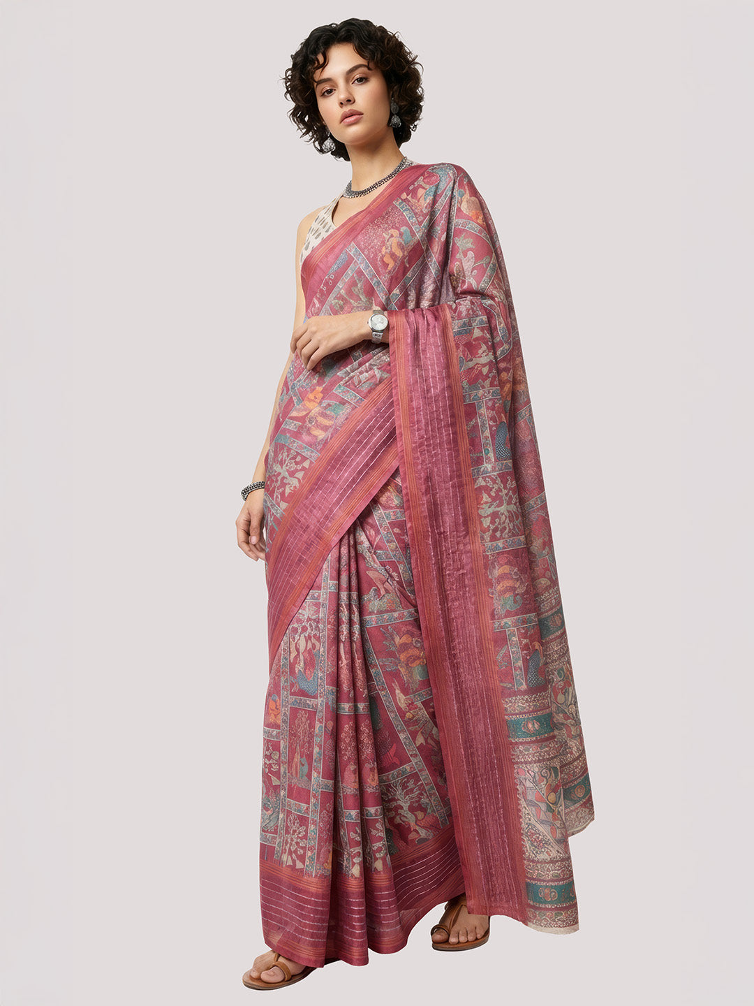 Janasya Women's Maroon Silk Blend Ready To Wear Ethnic Printed Saree with Unstitched Blouse