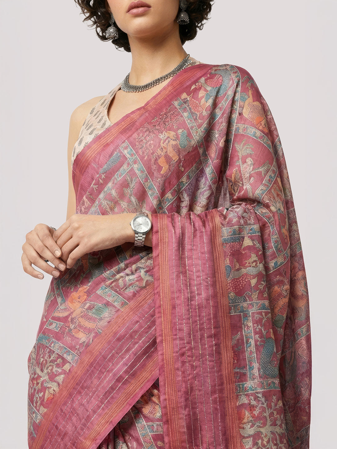 Janasya Women's Maroon Silk Blend Ready To Wear Ethnic Printed Saree with Unstitched Blouse