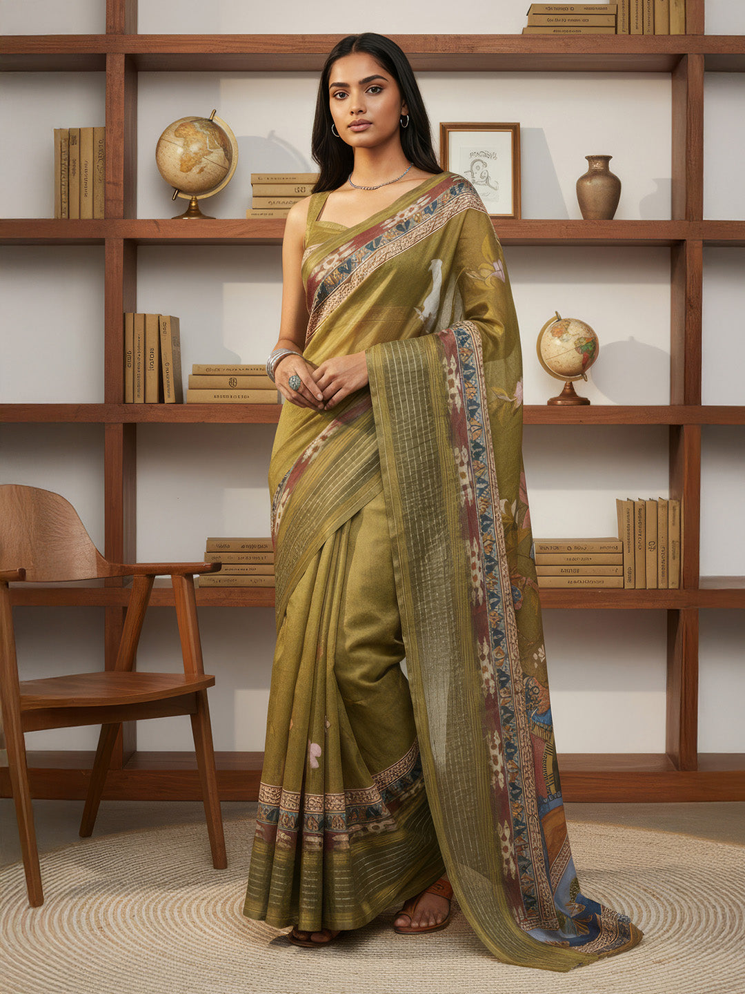 Janasya Women's Olive Green Silk Blend Ready To Wear Floral Printed Saree with Unstitched Blouse