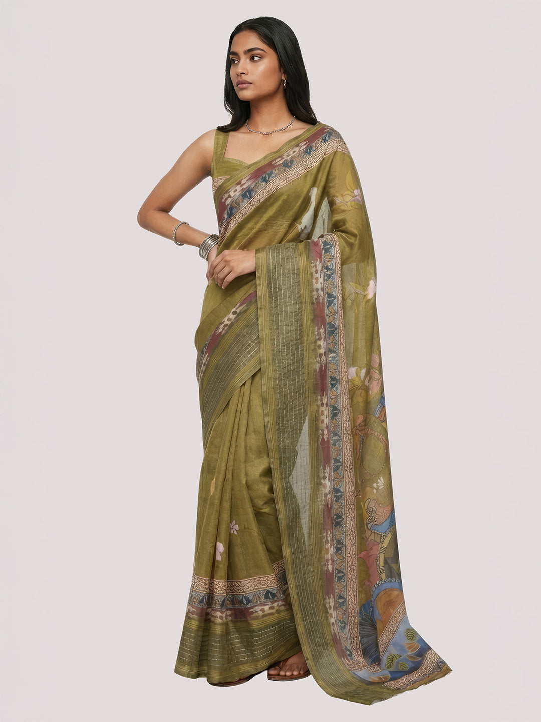 Janasya Women's Olive Green Silk Blend Ready To Wear Floral Printed Saree with Unstitched Blouse