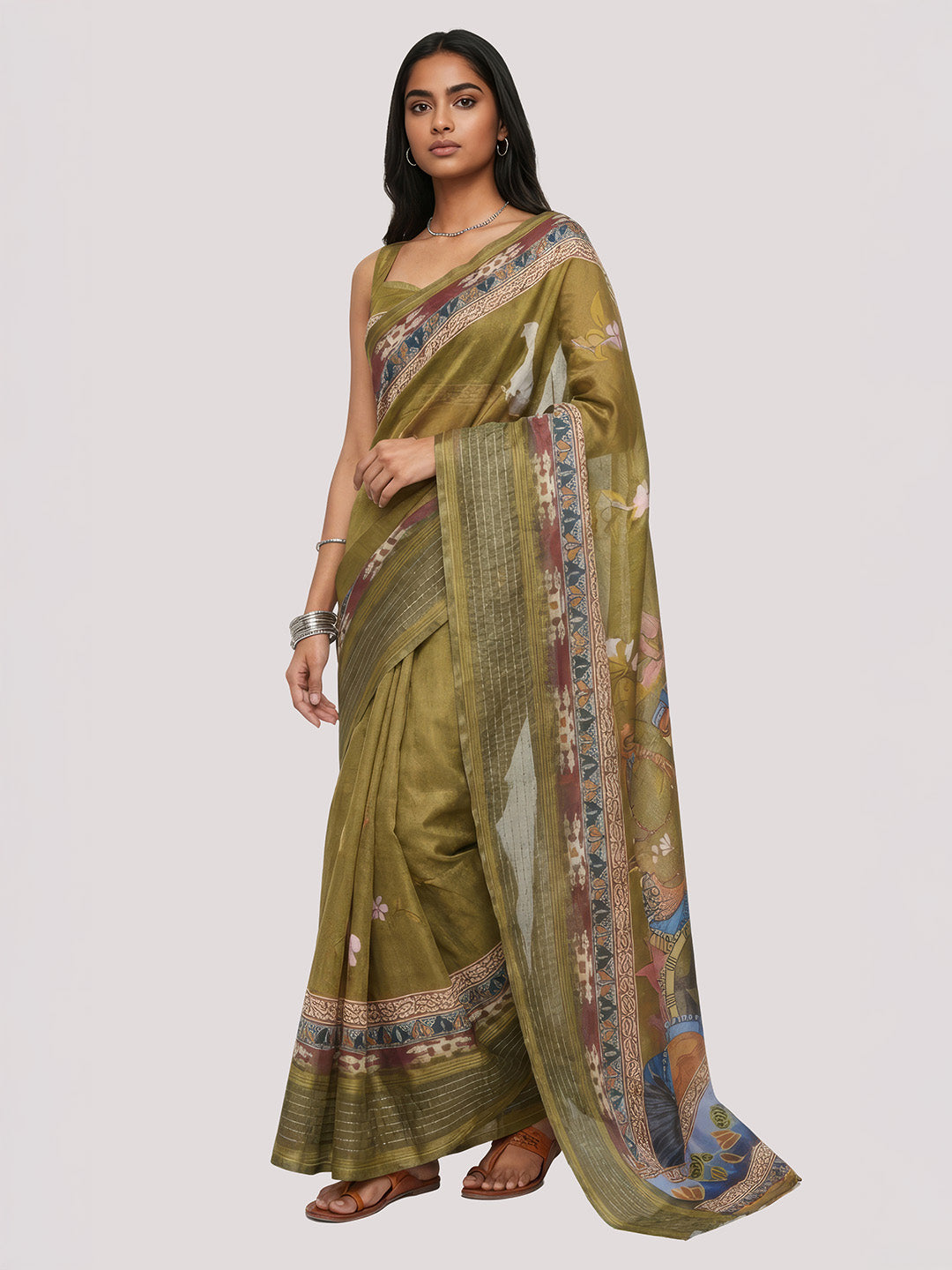 Janasya Women's Olive Green Silk Blend Ready To Wear Floral Printed Saree with Unstitched Blouse