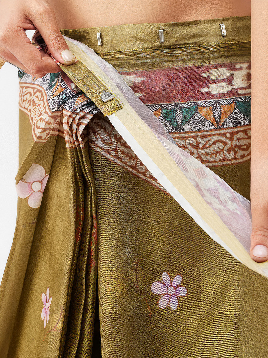 Janasya Women's Olive Green Silk Blend Ready To Wear Floral Printed Saree with Unstitched Blouse