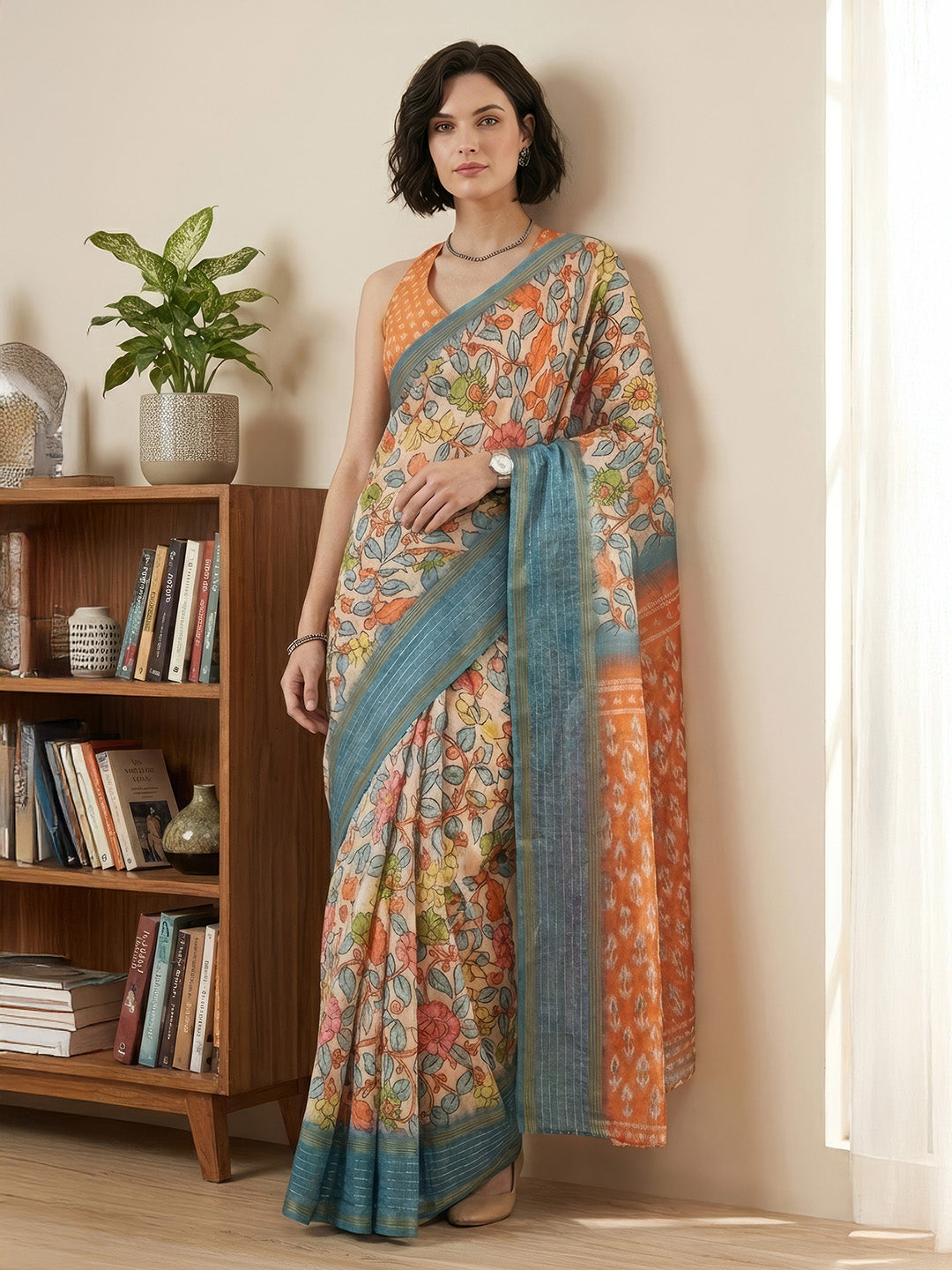 Janasya Women's Multicolor Silk Blend Ready To Wear Floral Printed Saree with Unstitched Blouse